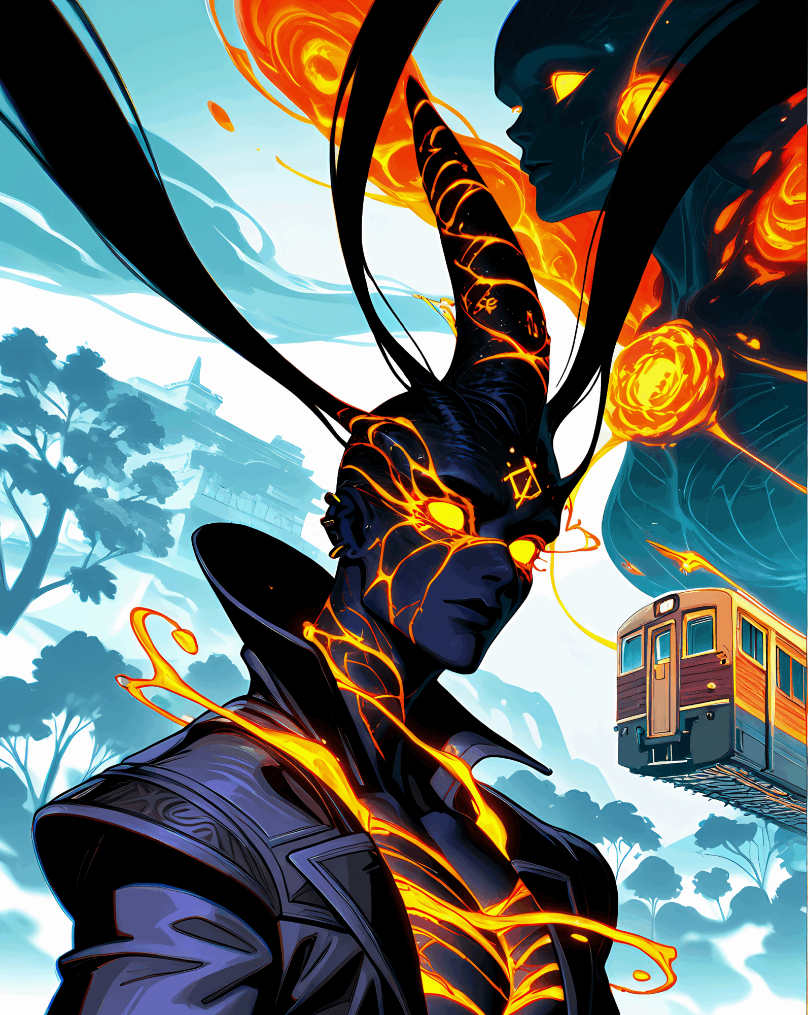 A futuristic character with glowing orange and blue features, large horns, and a train in the background, set in a vibrant landscape.