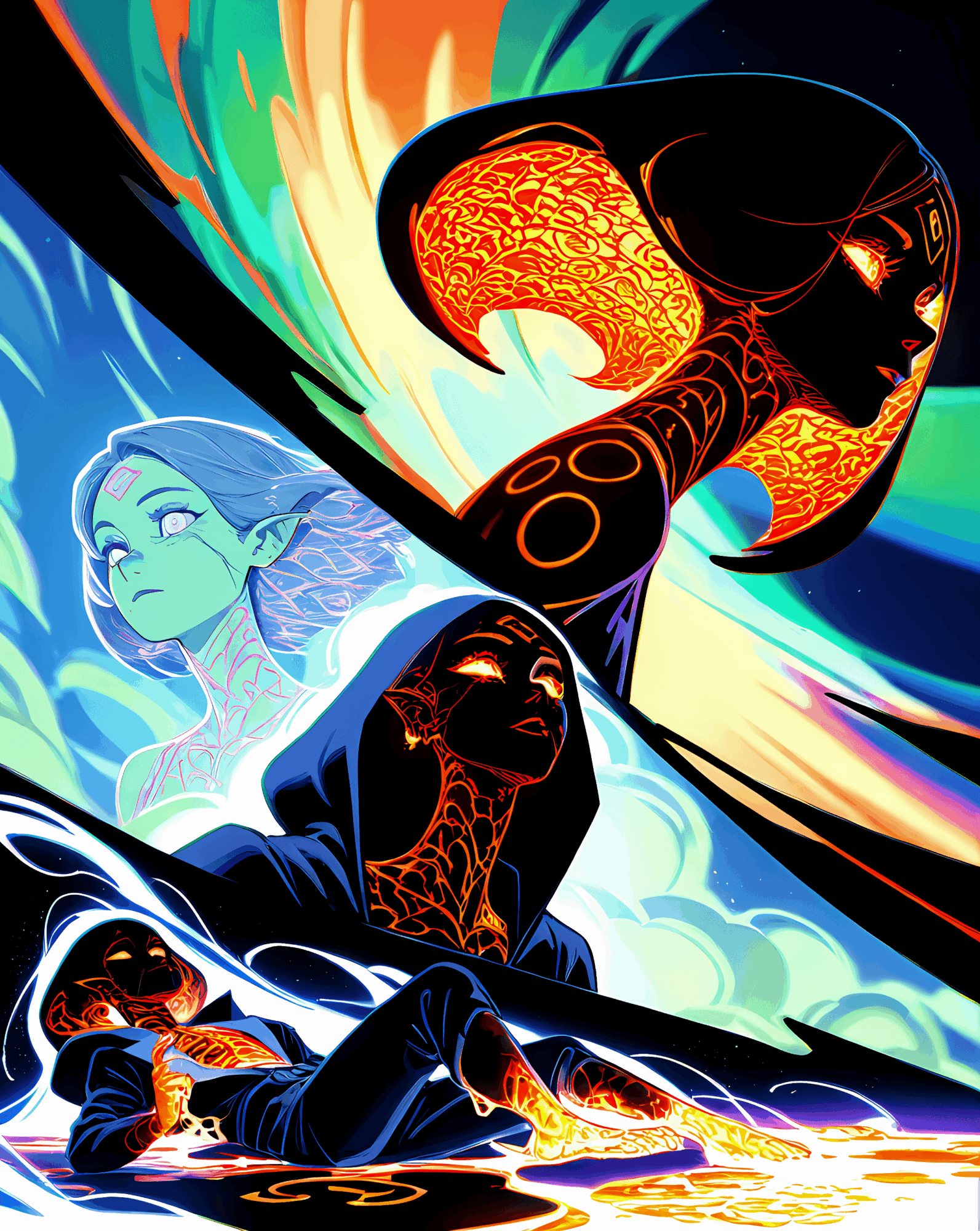 A fantasy scene with a glowing, fiery creature and a mysterious figure with glowing patterns, set against a colorful sky.