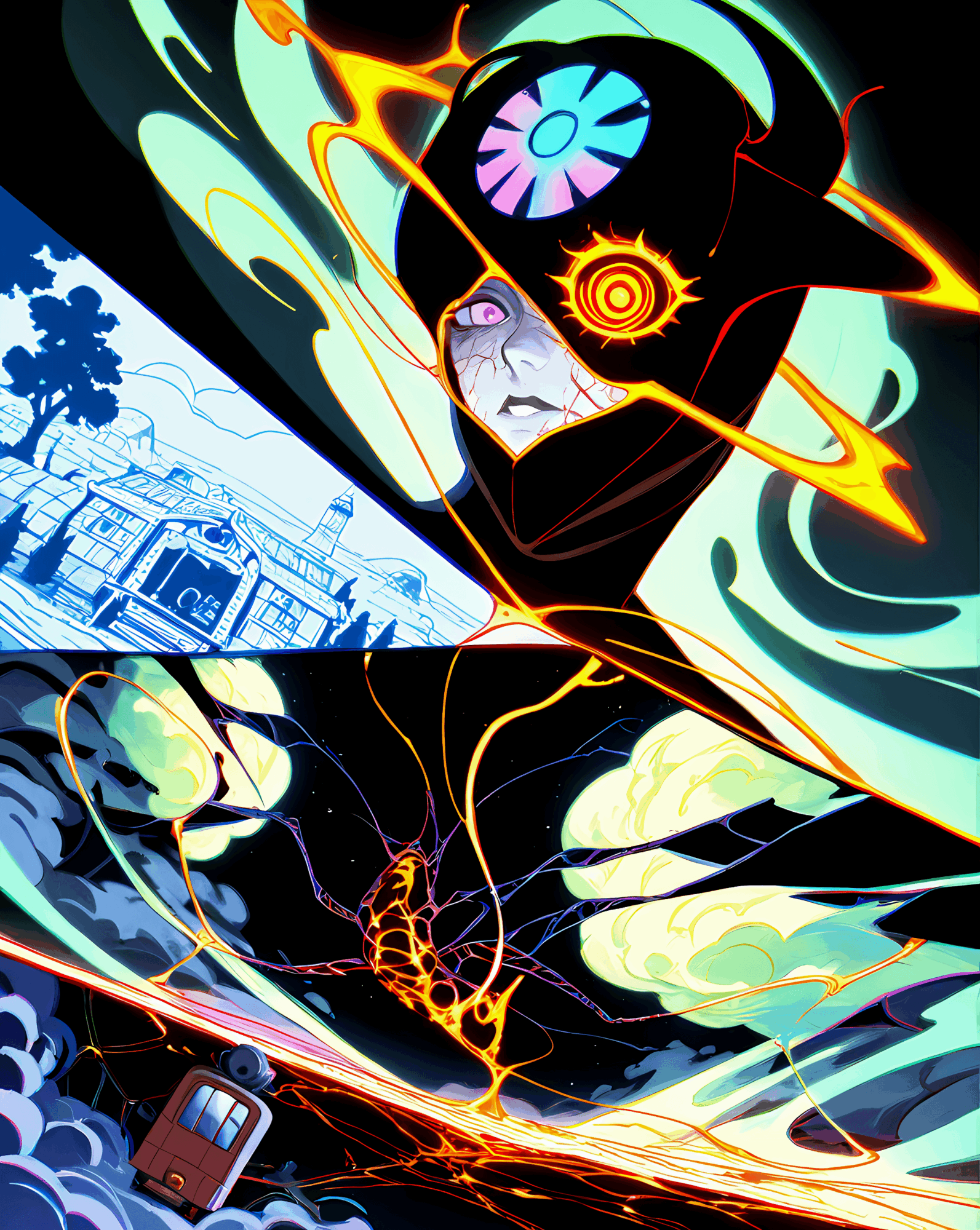 A character with a large, glowing eye and a dark helmet surrounded by swirling energy, with a cityscape in the background.