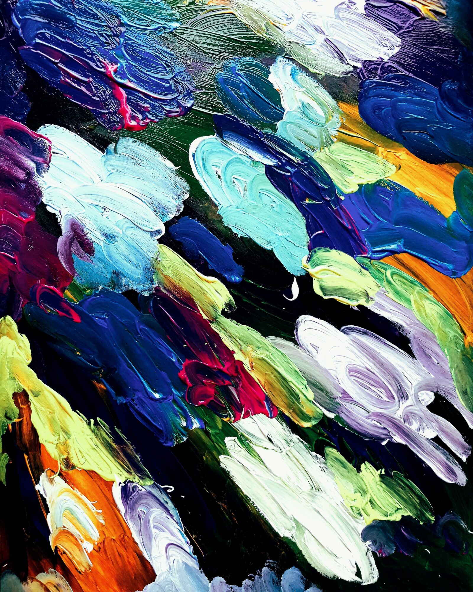 Abstract painting with thick, colorful brushstrokes in blue, green, purple, white, yellow, and orange.