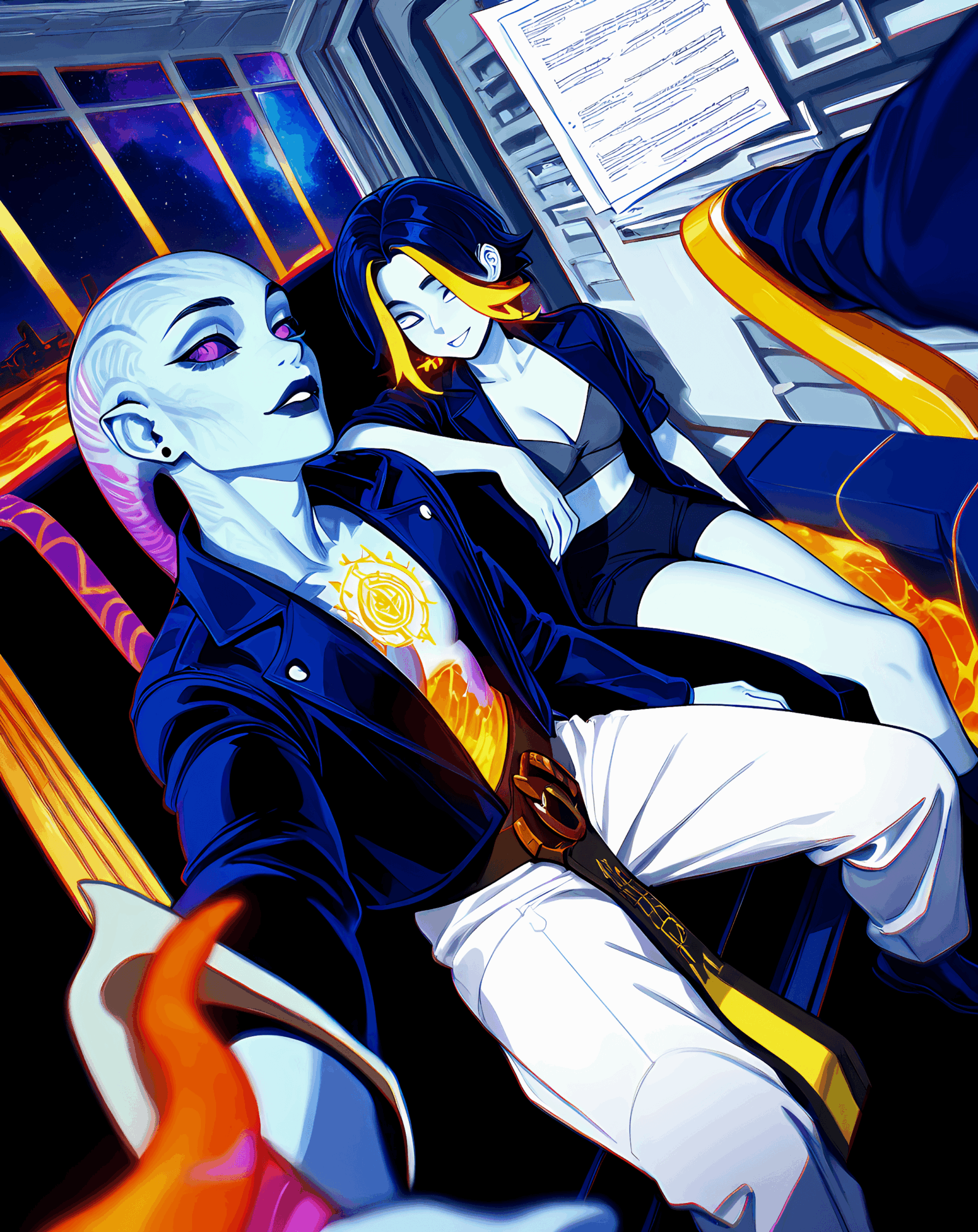 Two animated characters sit in a futuristic room with screens and a window showing a space scene, one with white hair and the other with black hair.