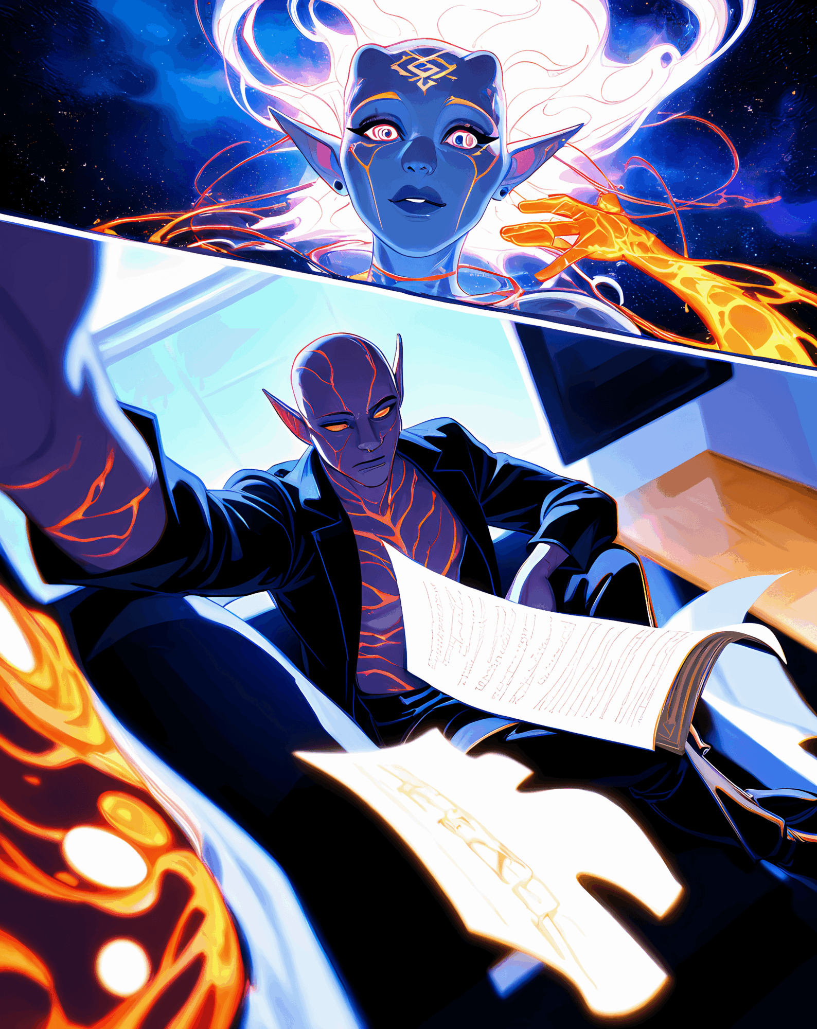 A blue-skinned elf with glowing eyes and pointed ears appears above, with fiery energy around her. A dark elf reads a book in a futuristic setting.