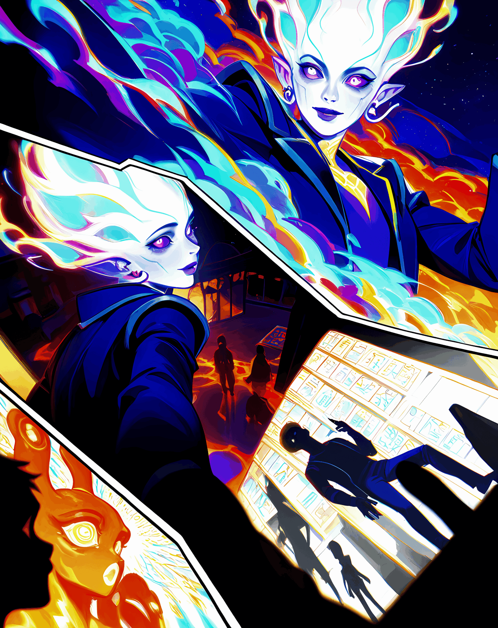 Digital artwork of a character with fiery hair and glowing eyes, with scenes of people and a cityscape in the background.