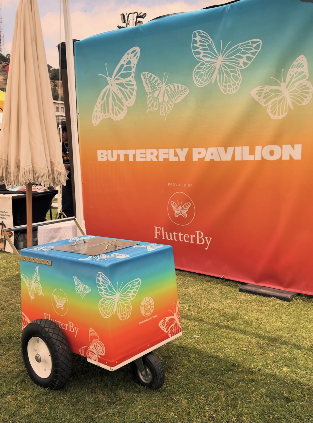 Colorful butterfly-themed cart with wheels in front of a butterfly pavilion banner on grass.