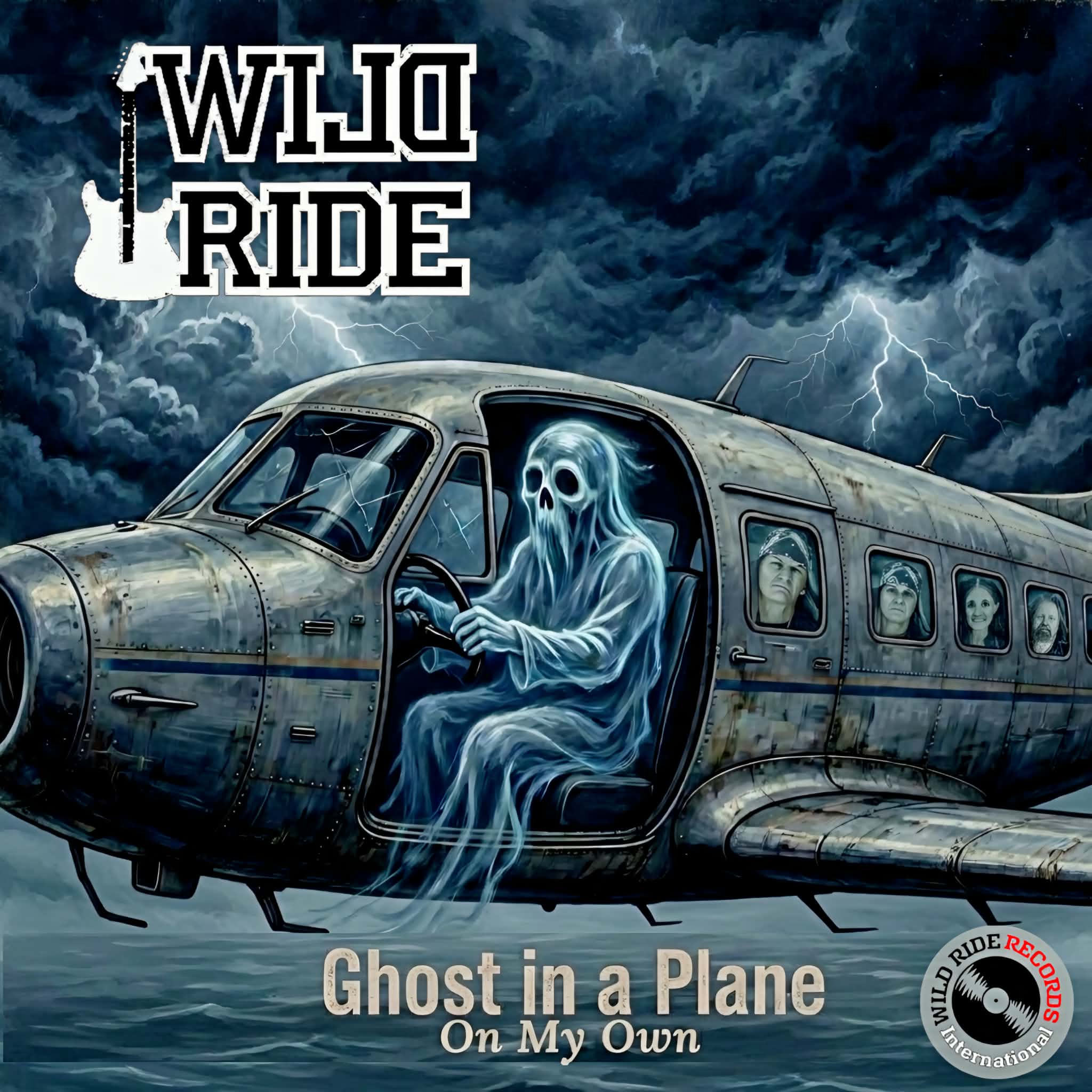 A ghostly figure with a sheet-like appearance drives an old airplane through stormy skies with lightning, with people visible inside the plane.