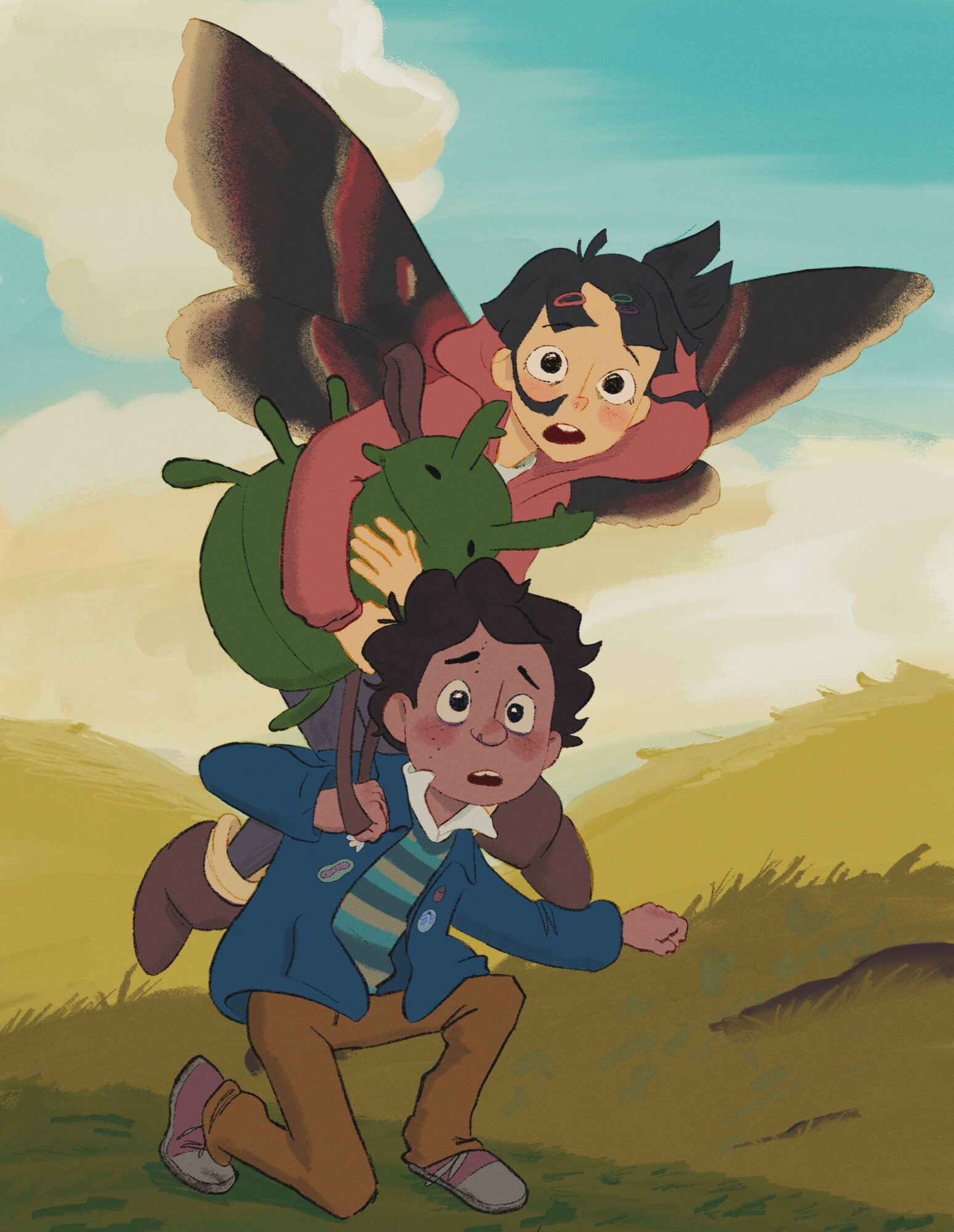 Two children running in a grassy field with a butterfly behind them, one child holding a green backpack, sky with clouds.