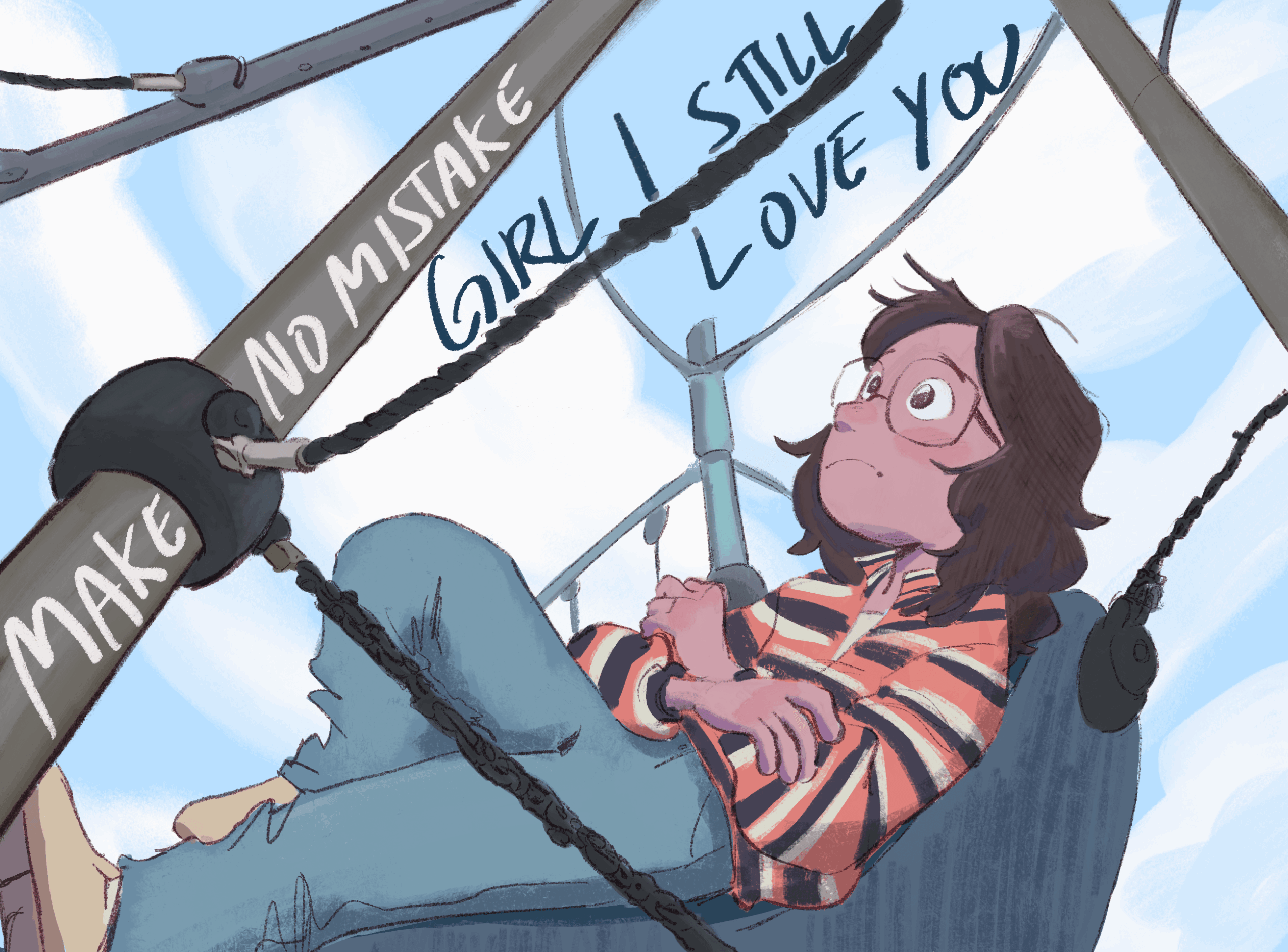 A girl with glasses and striped shirt lies in a hammock on a ship, holding a sign that says 'No mistake girl I still love you'.
