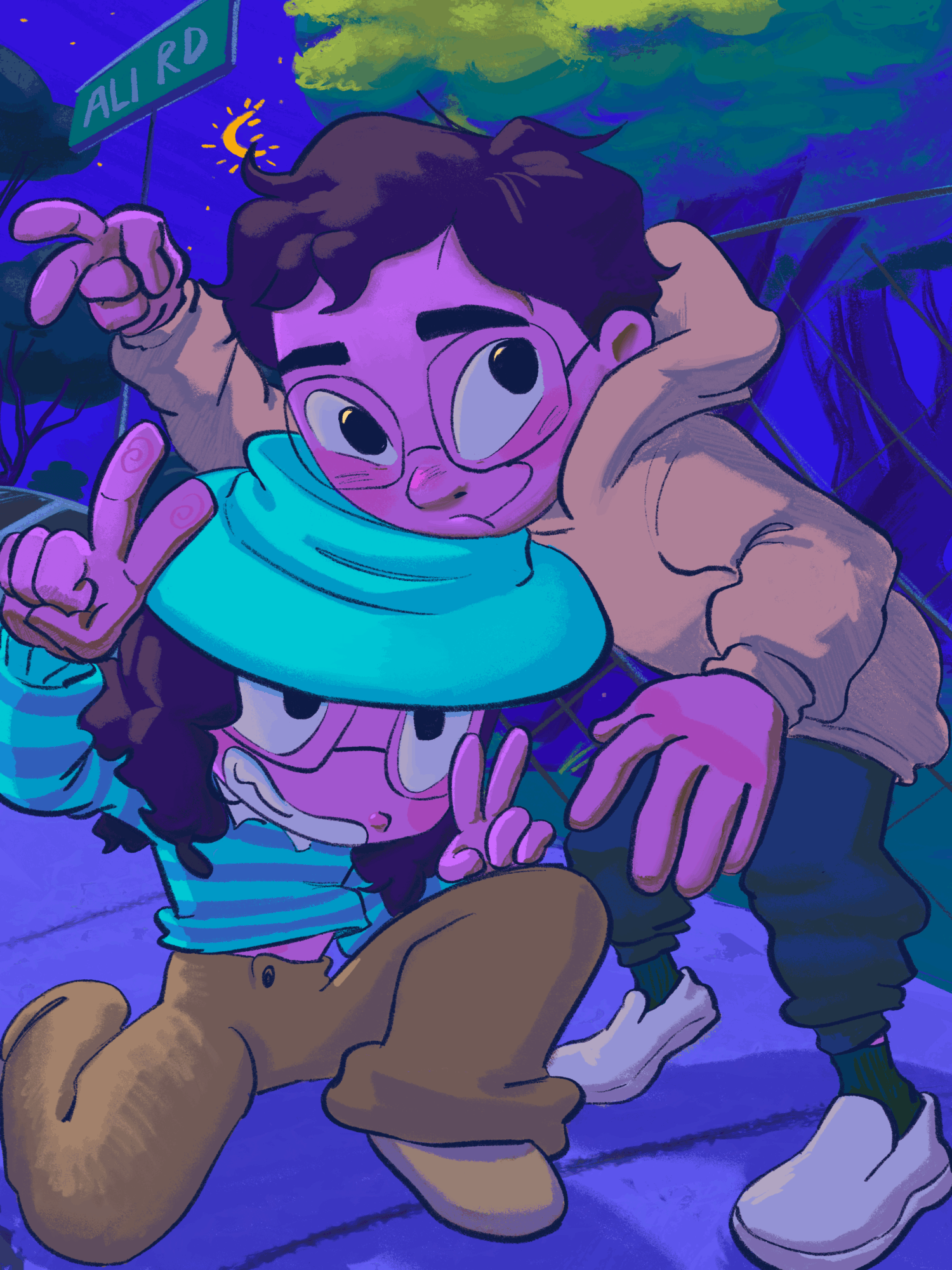 Two animated characters, one with glasses and a scarf, pose outdoors at night with a street sign in the background.