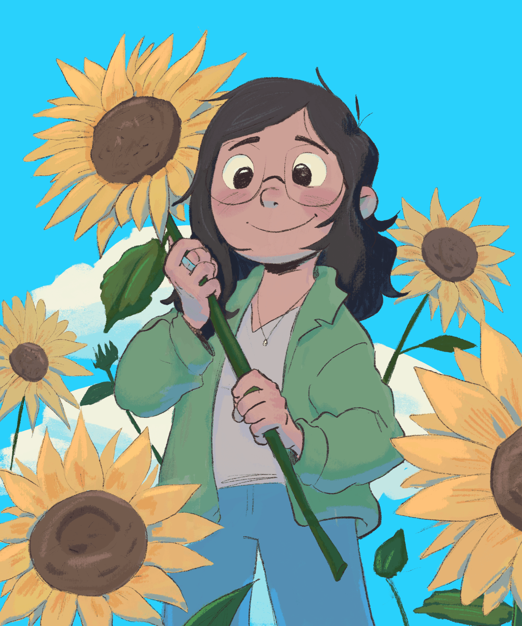 A girl with dark hair and glasses holding a sunflower stem, surrounded by sunflowers against a blue sky.