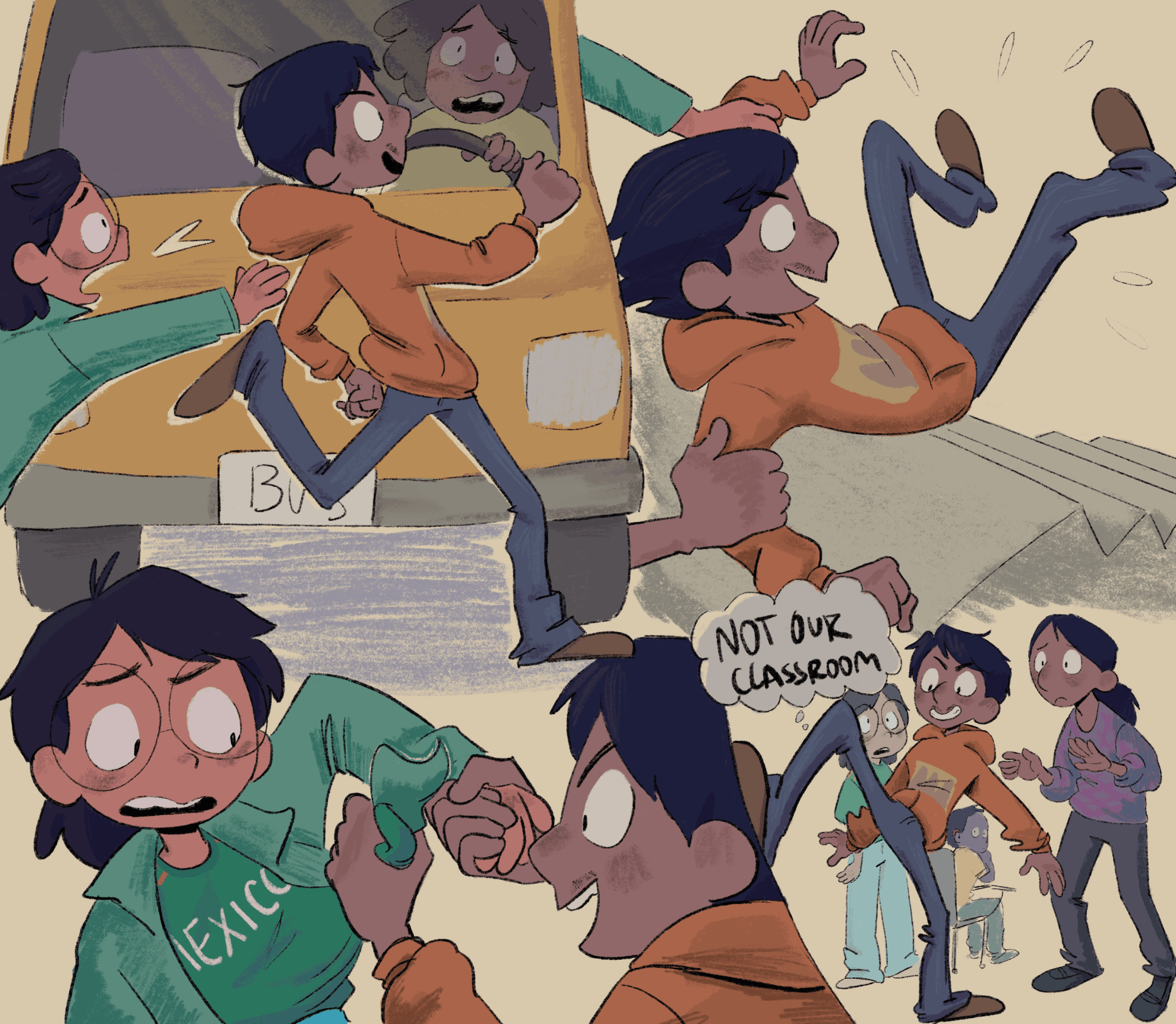 A boy in an orange hoodie is pushed onto the floor by a person, while others watch, some worried, in a classroom setting.