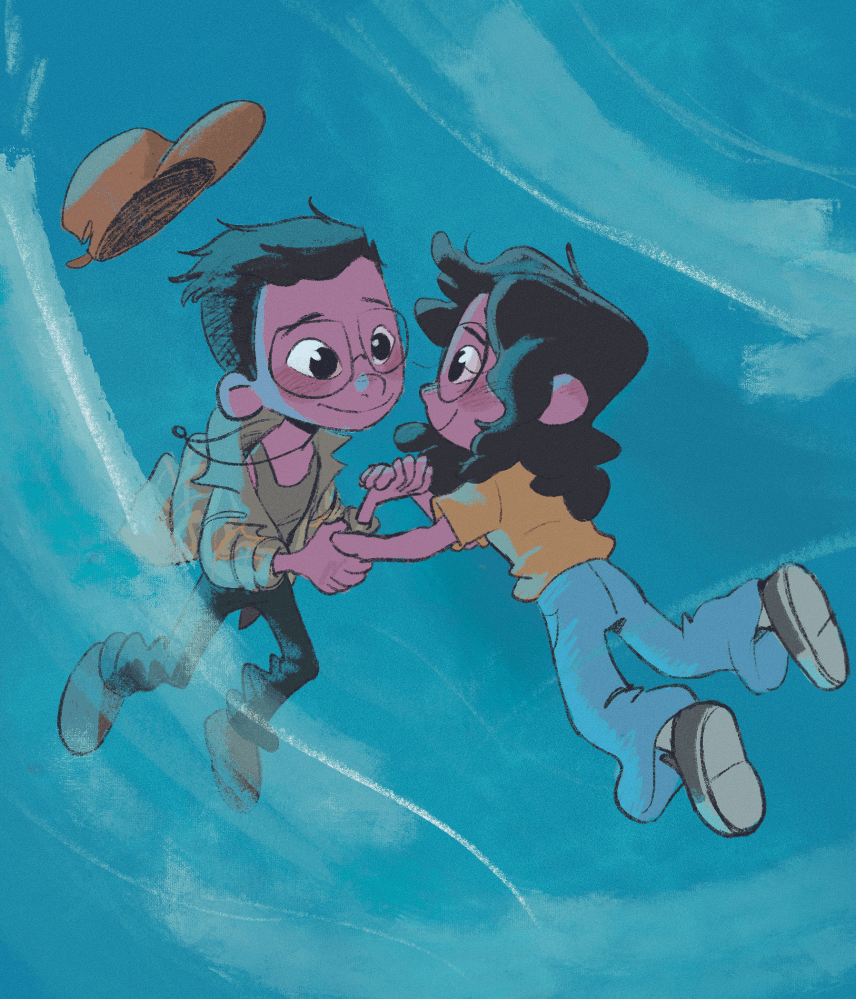 Two animated characters holding hands and smiling, floating in a blue sky with clouds, one wearing glasses and a hat.