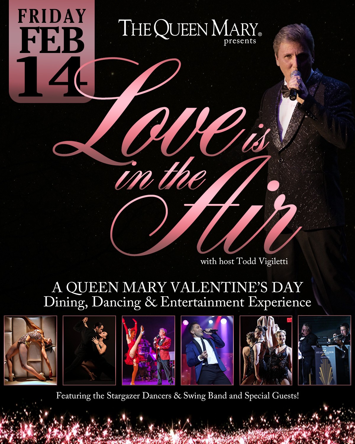 Poster for Love is in the Air event with a man in tuxedo, pink and black background, and images of performers.