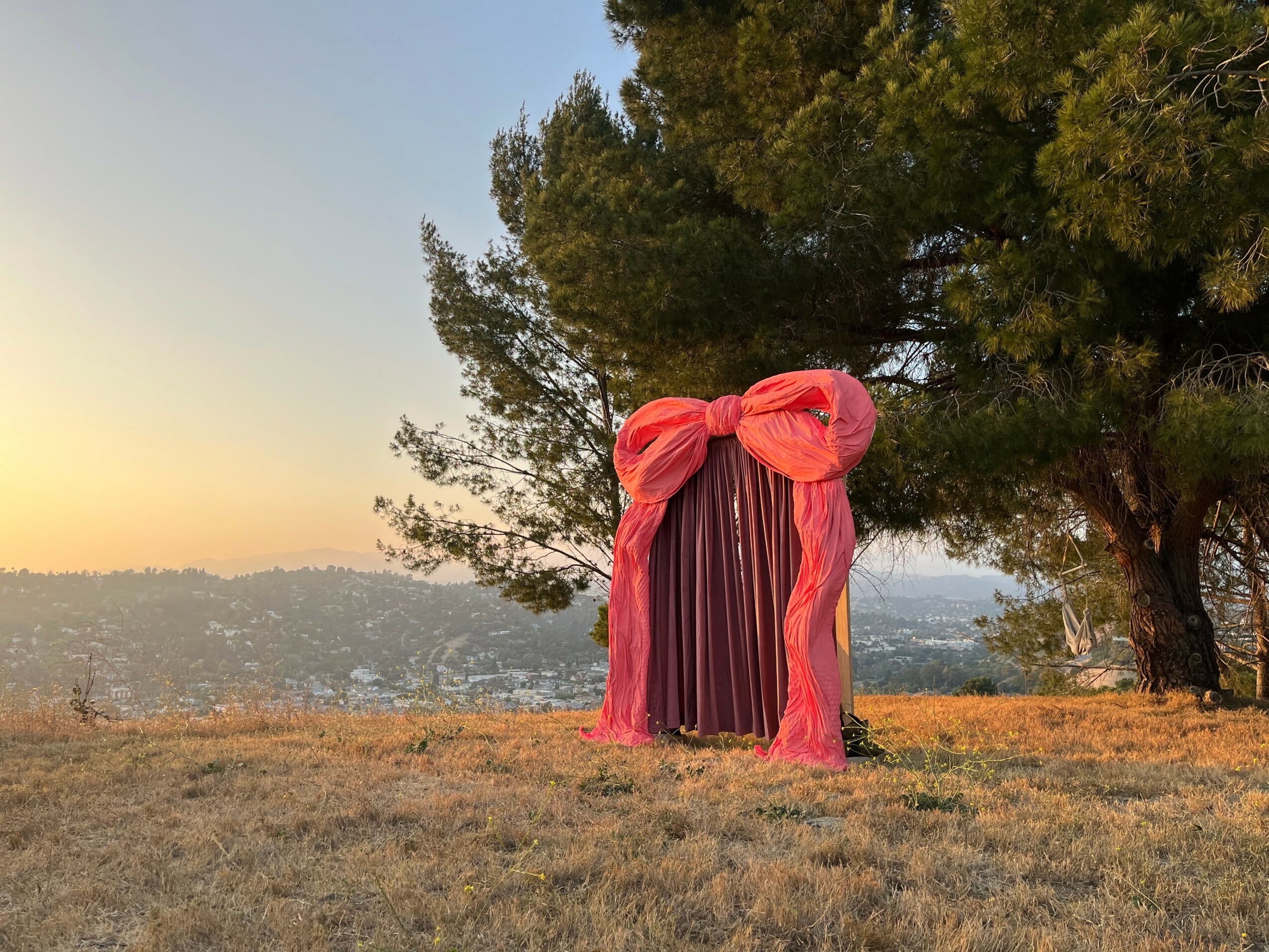 A tree with a pink bow and fabric hanging in front of it, outdoors during sunset, with a landscape in the background.