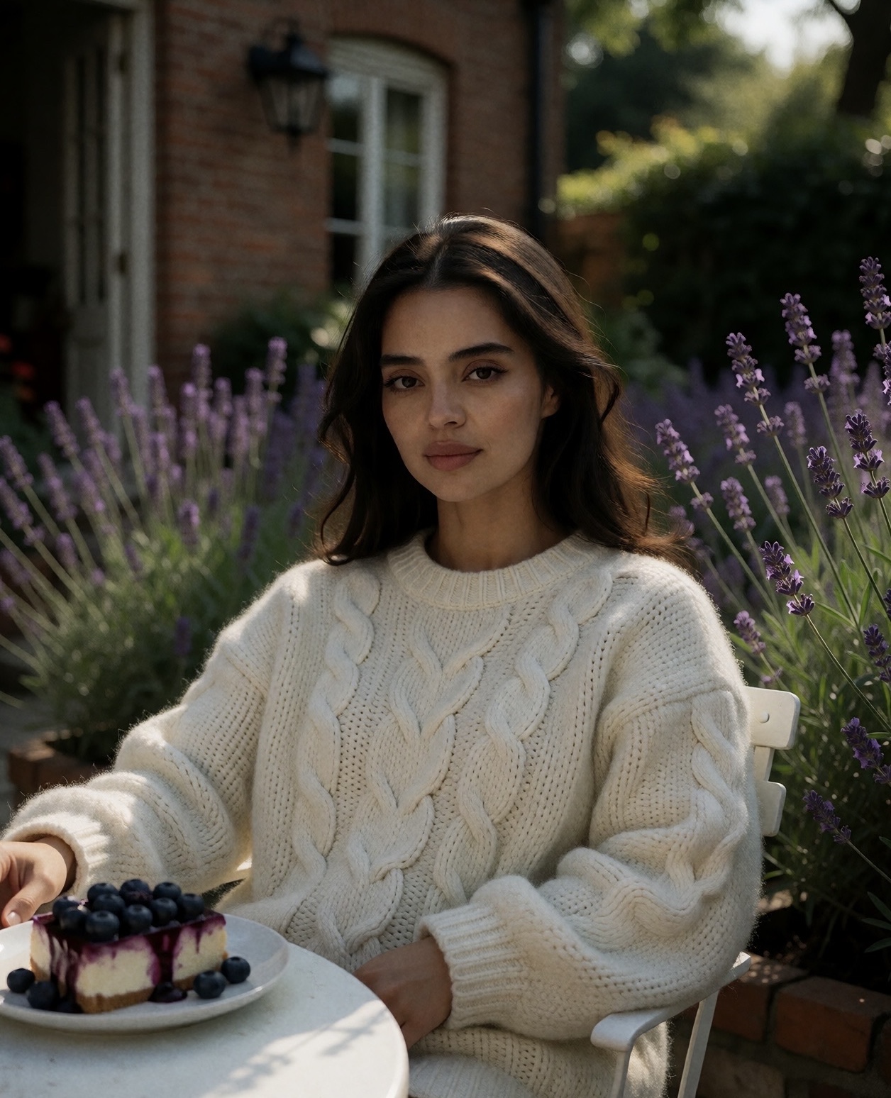 Young woman with dark hair in a cream cable-knit sweater sitting outdoors near purple flowers, with a plate of dessert on the table.