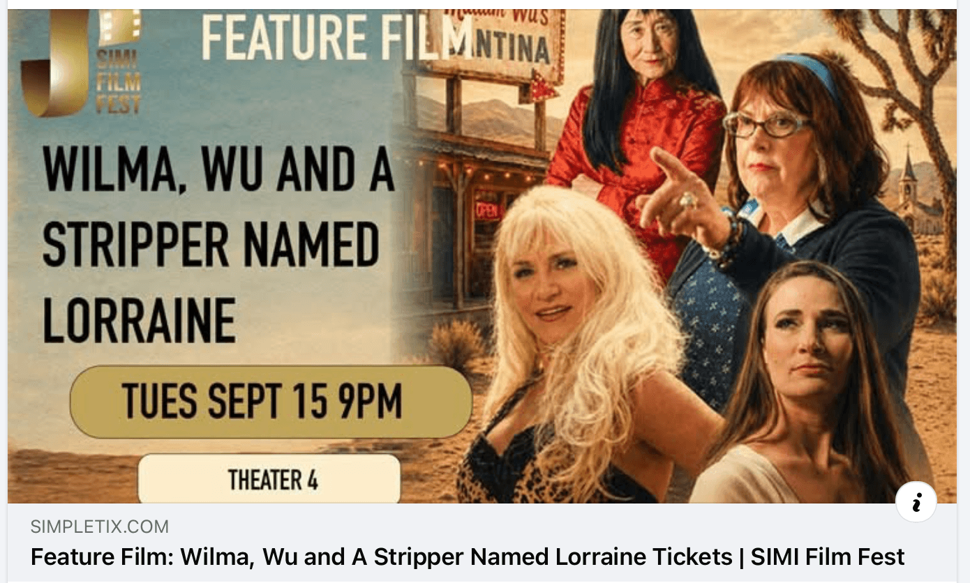Promotional poster for film featuring four women, event details, and a background with trees and a signpost.