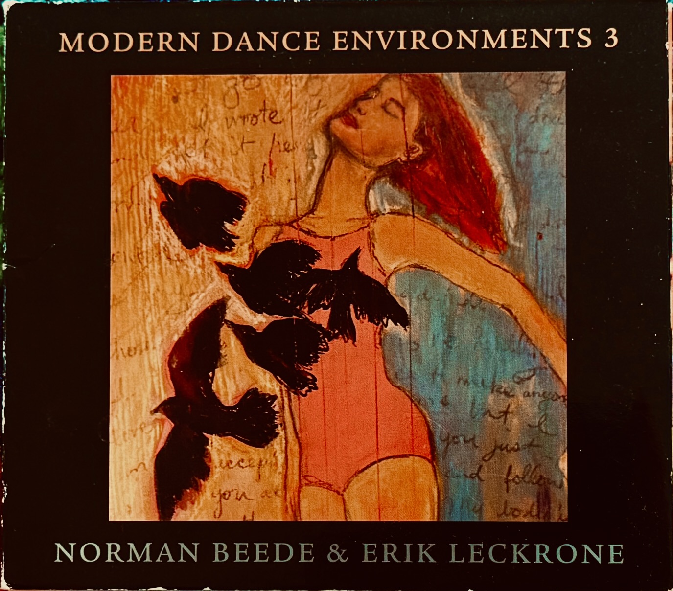 Book cover titled 'Modern Dance Environments 3' featuring an abstract illustration of a dancer with red hair, surrounded by black shapes, with handwritten text in the background.