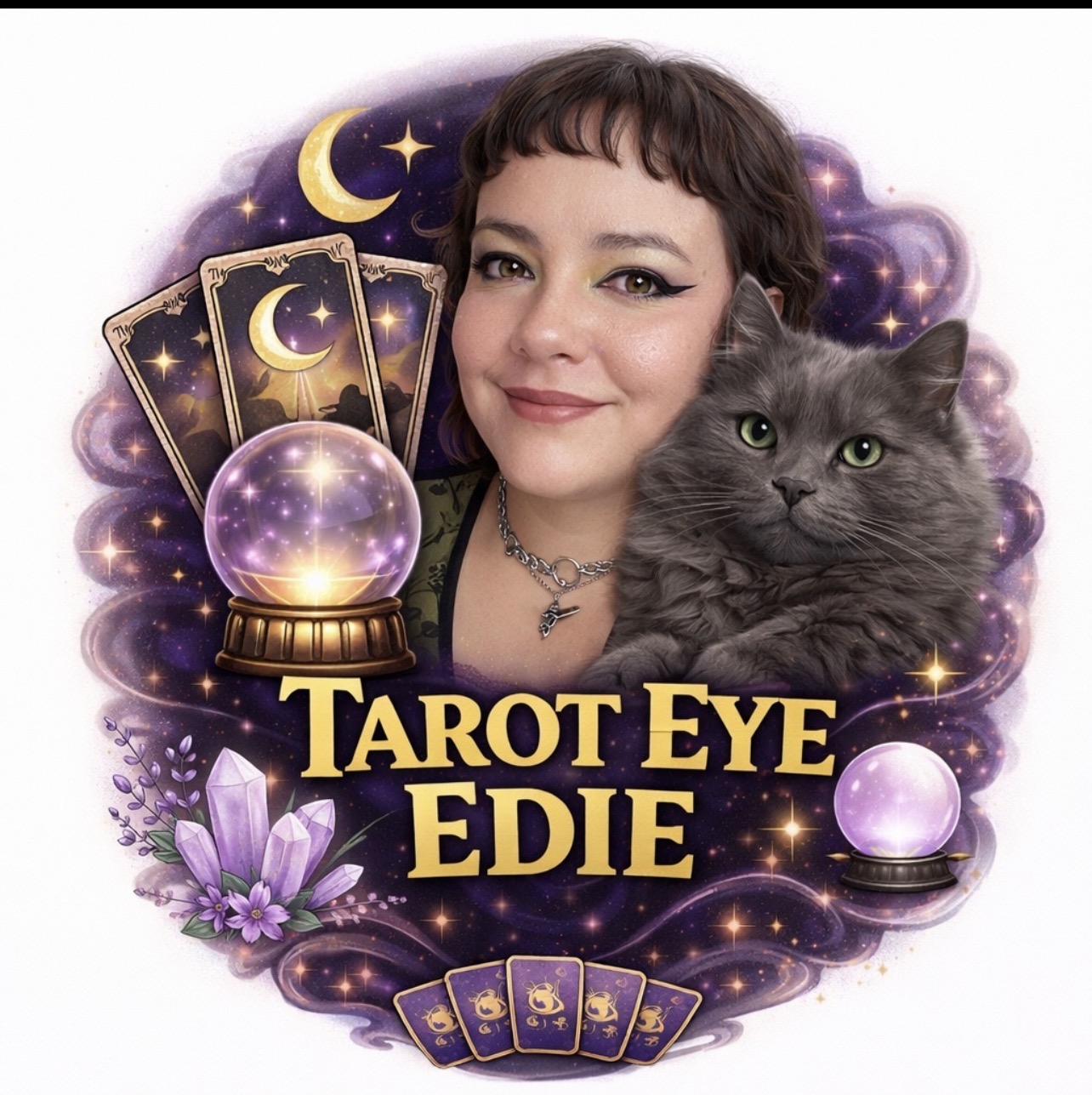 Woman with short dark hair and makeup, holding a gray cat, surrounded by tarot cards, crystals, and celestial symbols, with text 'Tarot Eye Edie'.