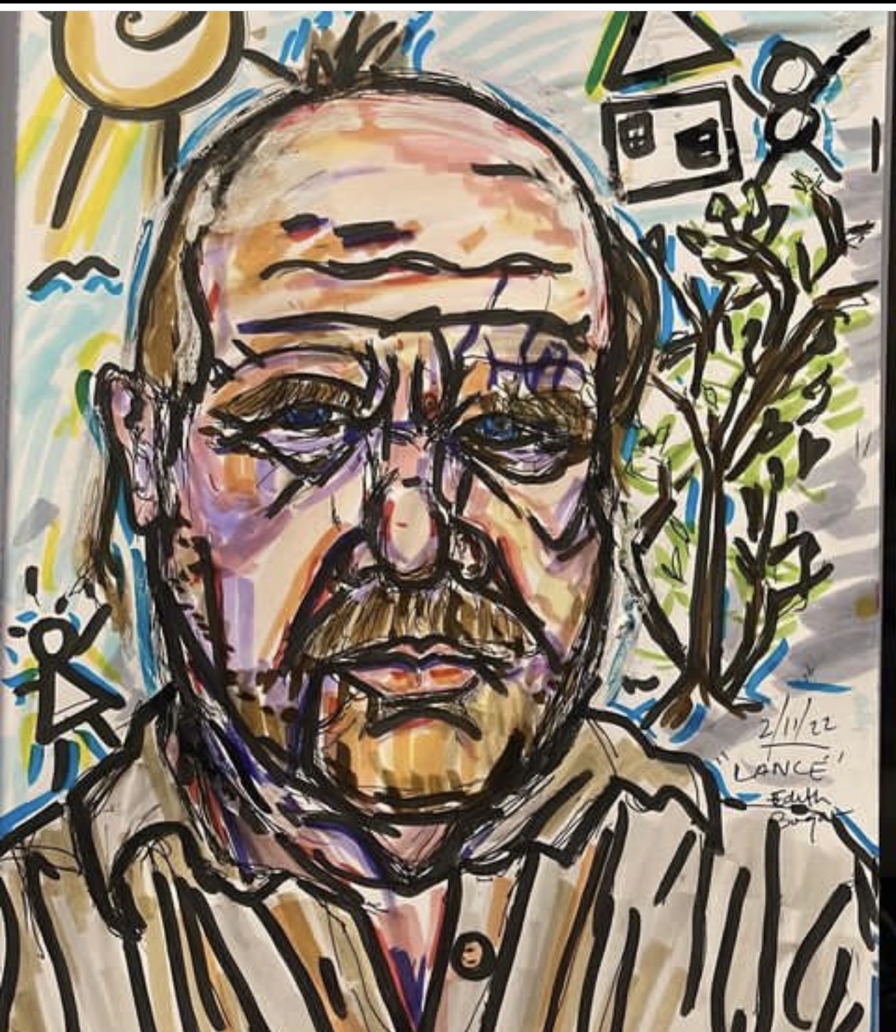Portrait of an older man with glasses, a beard, and a serious expression, with colorful background elements including trees and buildings.
