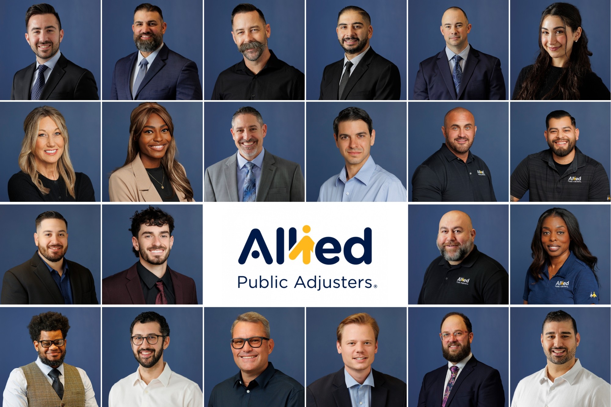Group of 20 diverse professionals, some in suits, some in casual attire, with a logo reading 'Allied Public Adjusters' in the center.