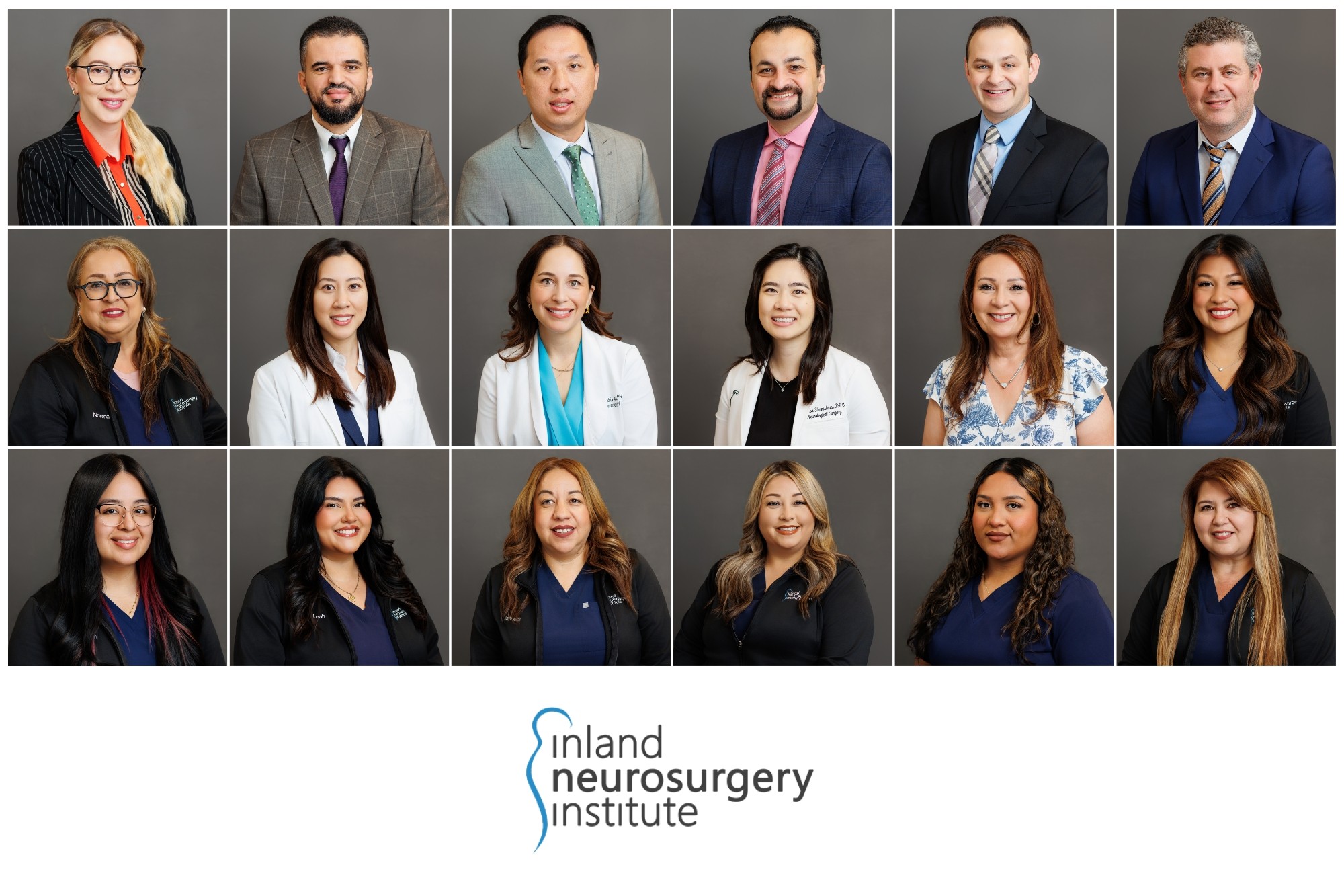 Group of 16 professional people, 8 men and 8 women, in formal attire, with the Inland Neurosurgery Institute logo below.