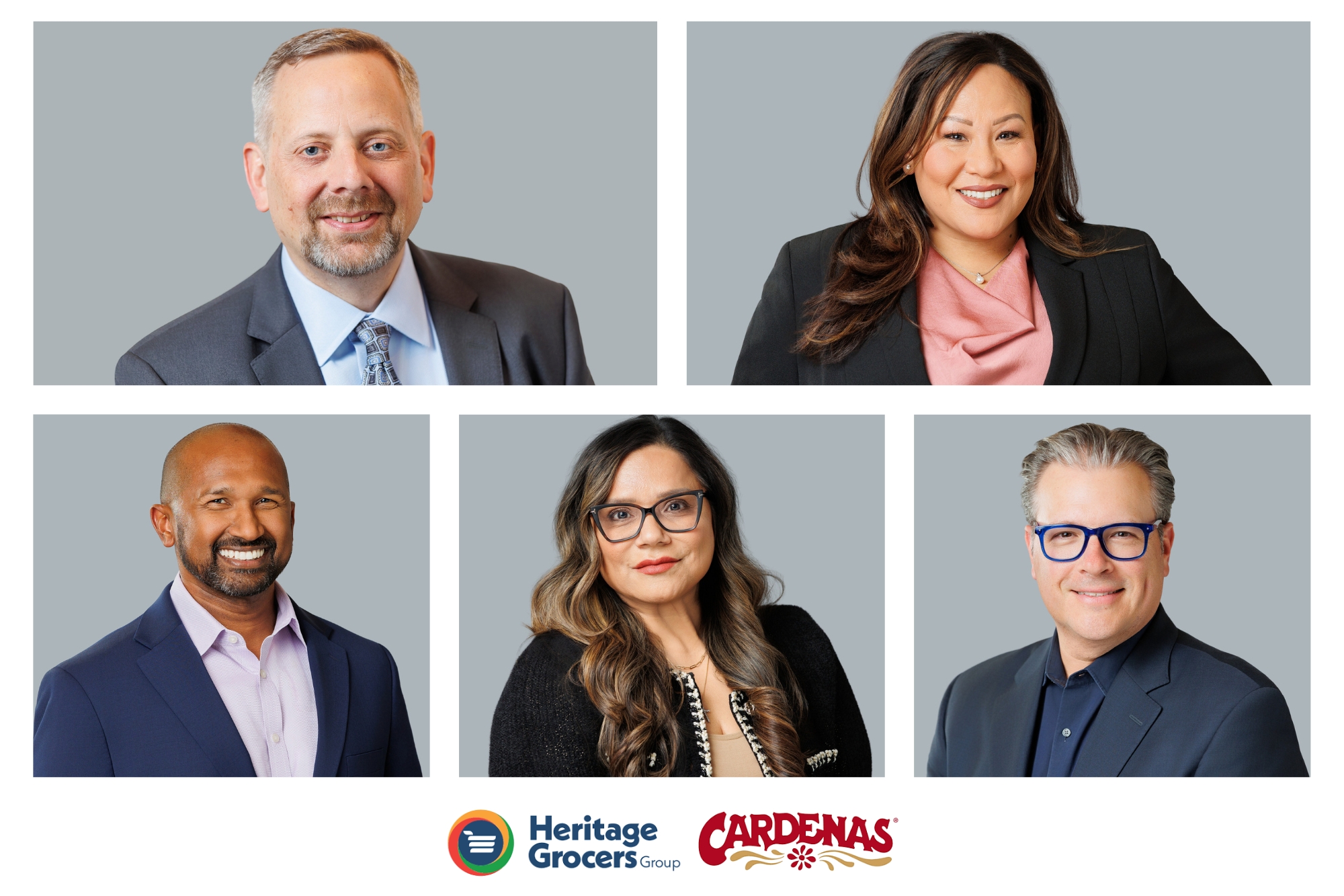 Five professional headshots of diverse individuals, three women and two men, against a light background.