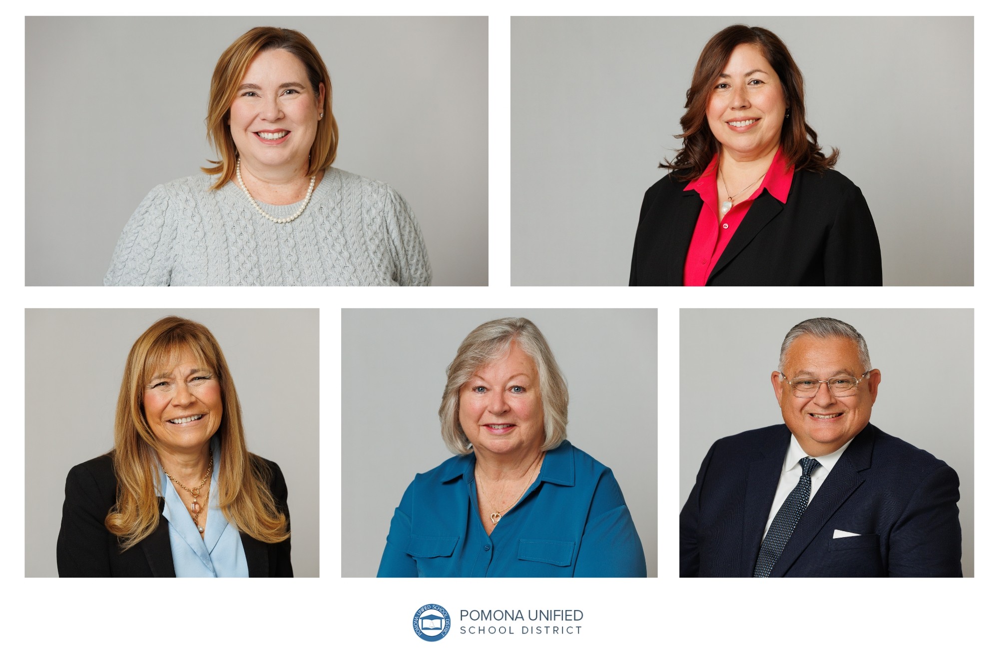 Five professional headshots of women and one man, all smiling, with a Pomona Unified School District logo below.