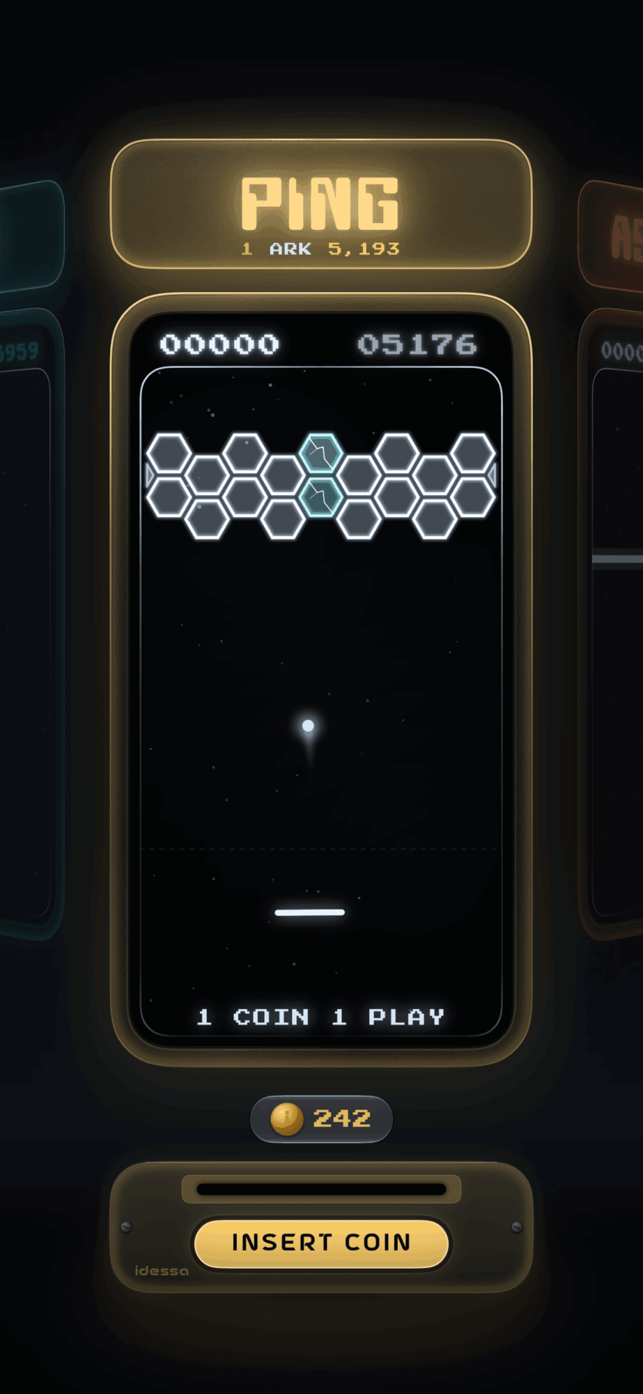 Mobile game screen showing a hexagon pattern, score, and a spaceship at the bottom, with a coin count and insert coin button.