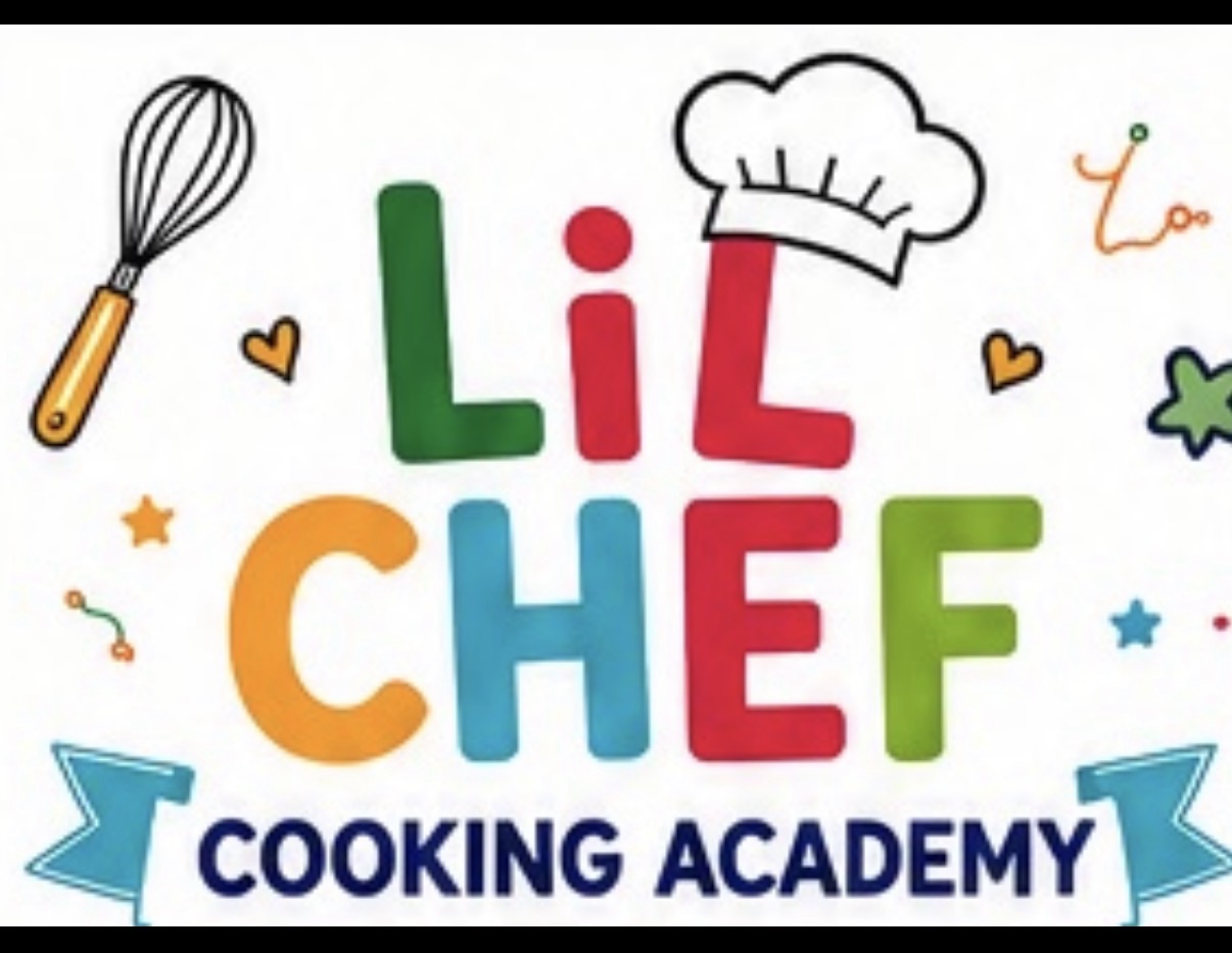 Colorful logo with a whisk, chef's hat, and text 'Lil Chef Cooking Academy'.