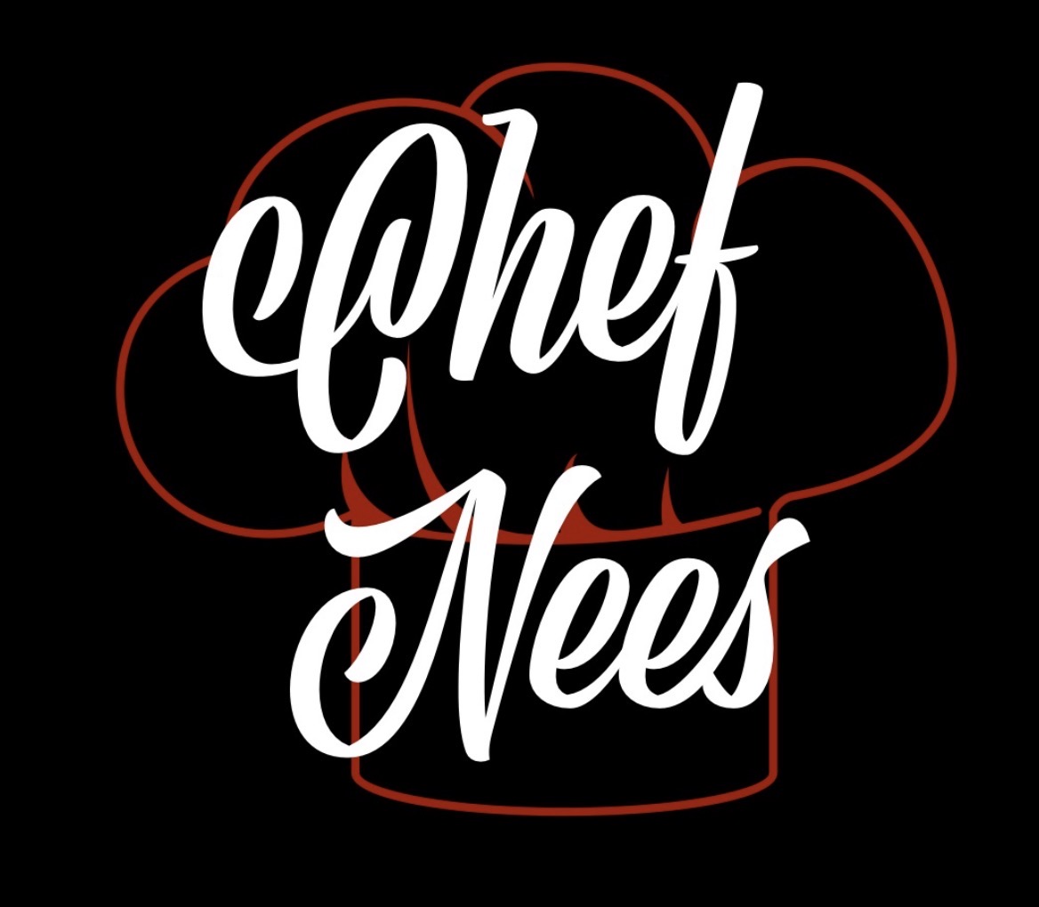 Text reads 'Chef Nees' with a chef's hat outline in red on a black background.