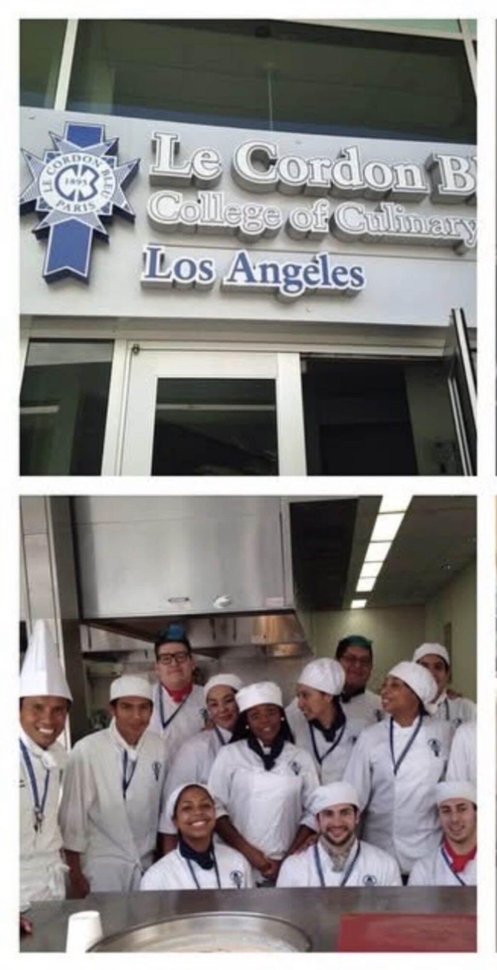 Group of chefs and students in white uniforms and hats inside a kitchen, smiling at the camera.