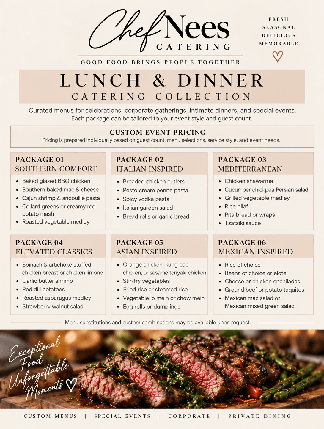 Catering menu with lunch and dinner options, packages, and descriptions, featuring elegant fonts and a background image of food and flowers.
