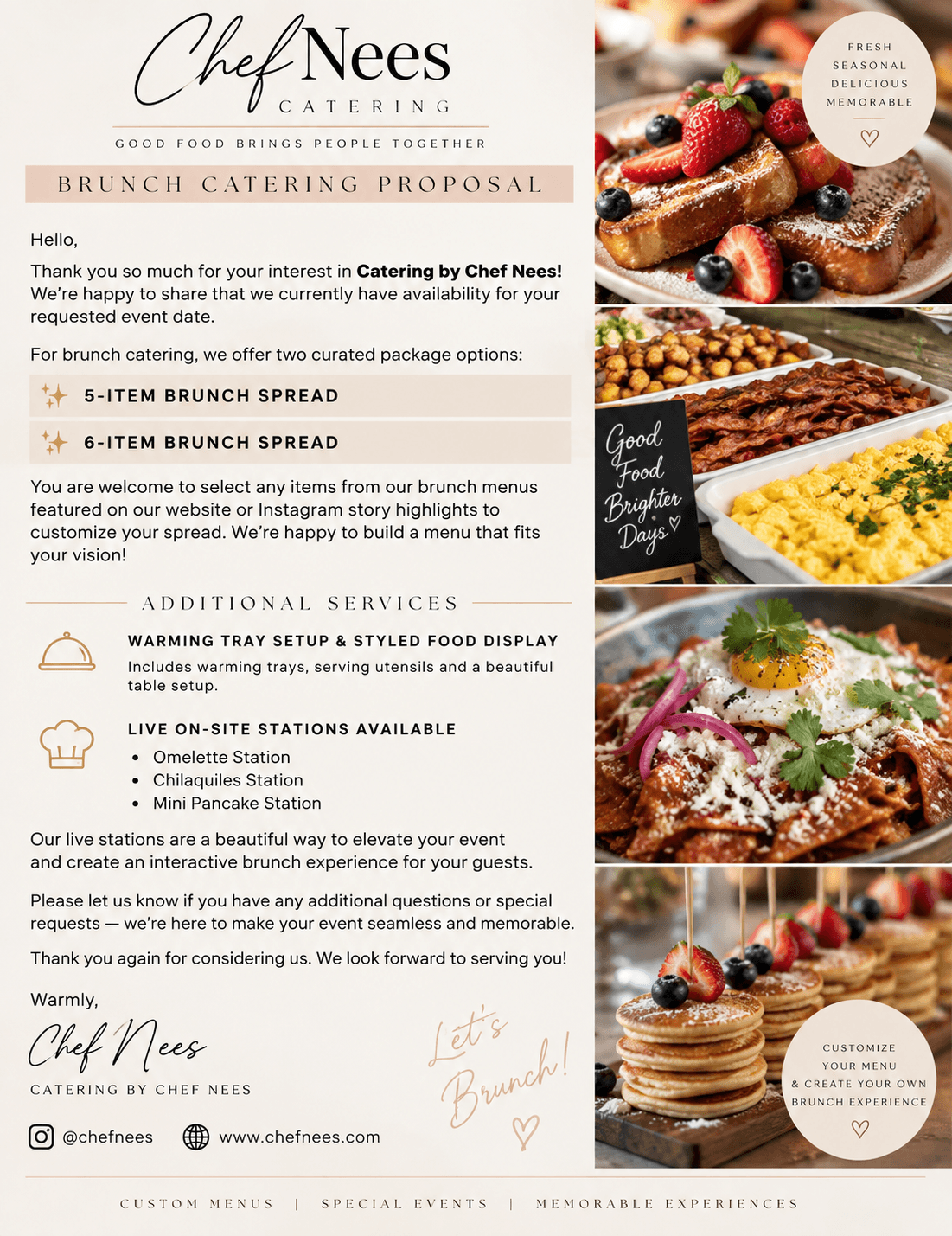 Menu with brunch options, desserts, and a plate of pancakes topped with berries, whipped cream, and syrup, on a table.