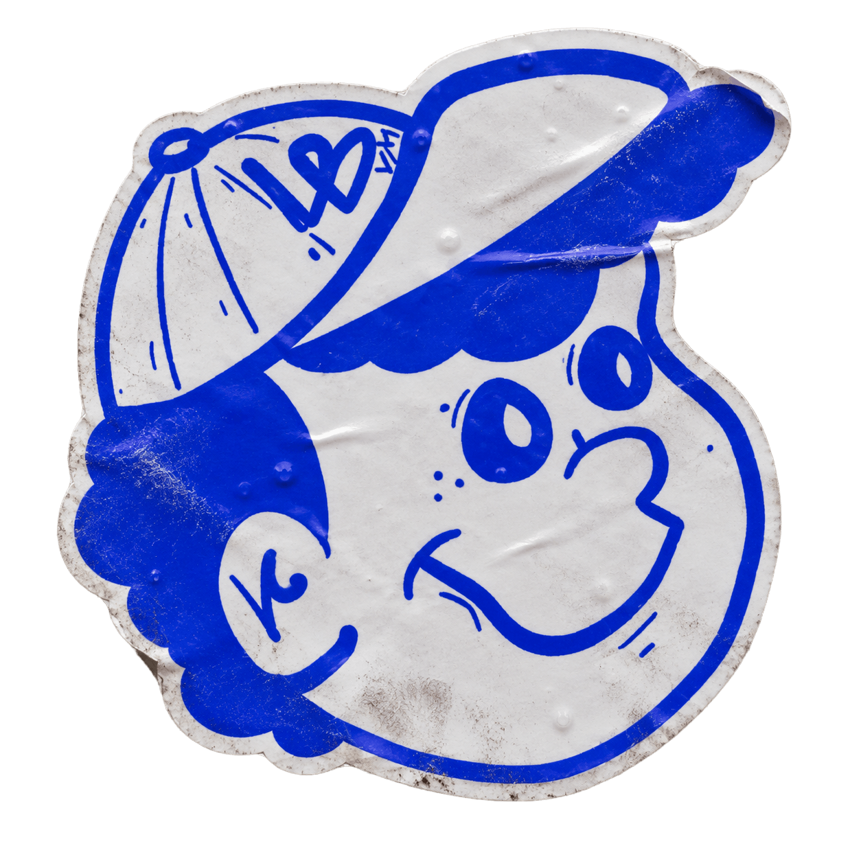 Cartoon face of a smiling child wearing a baseball cap, with a black background.