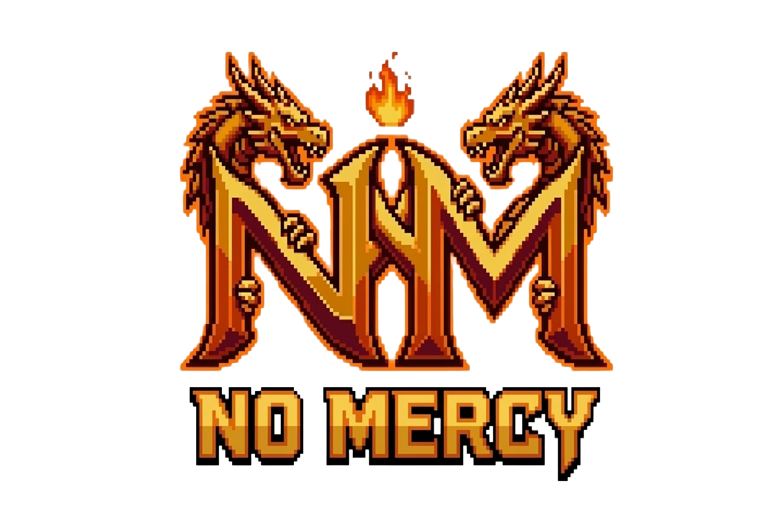 Logo with two dragons facing each other, a flame above, and the text 'NO MERCY' below, on a black background.