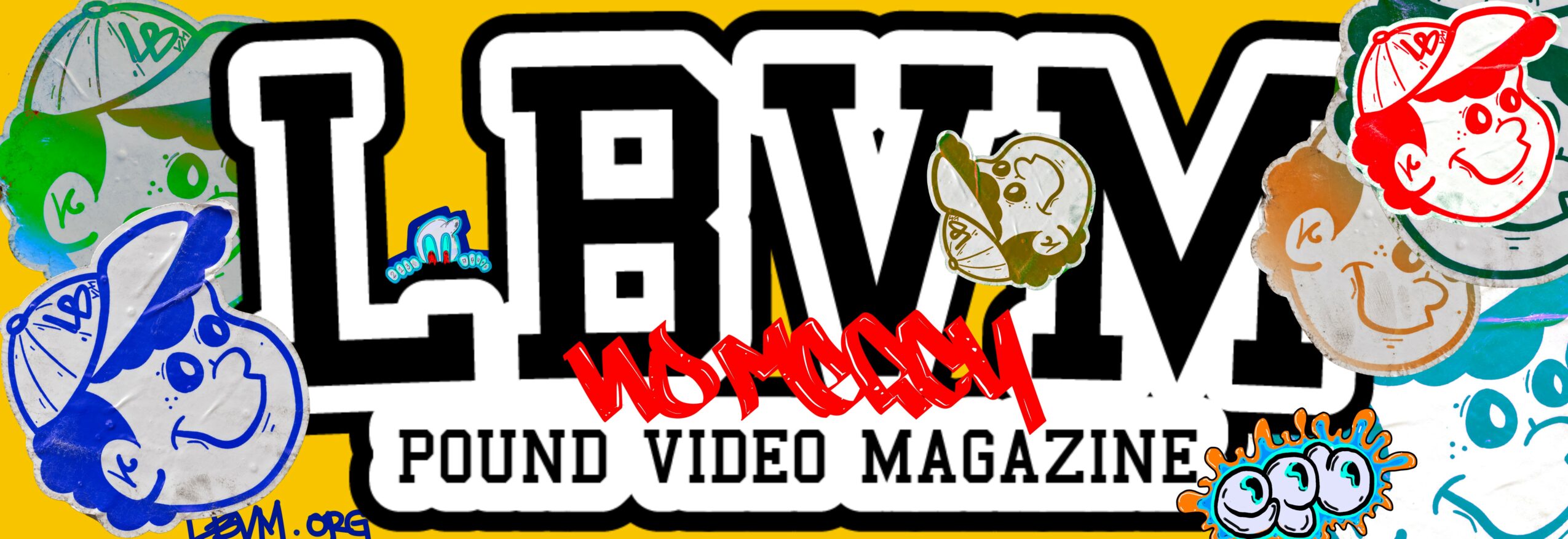 Colorful logo with cartoon faces, text 'L.B.M.V.', and additional graphics, on a yellow background.