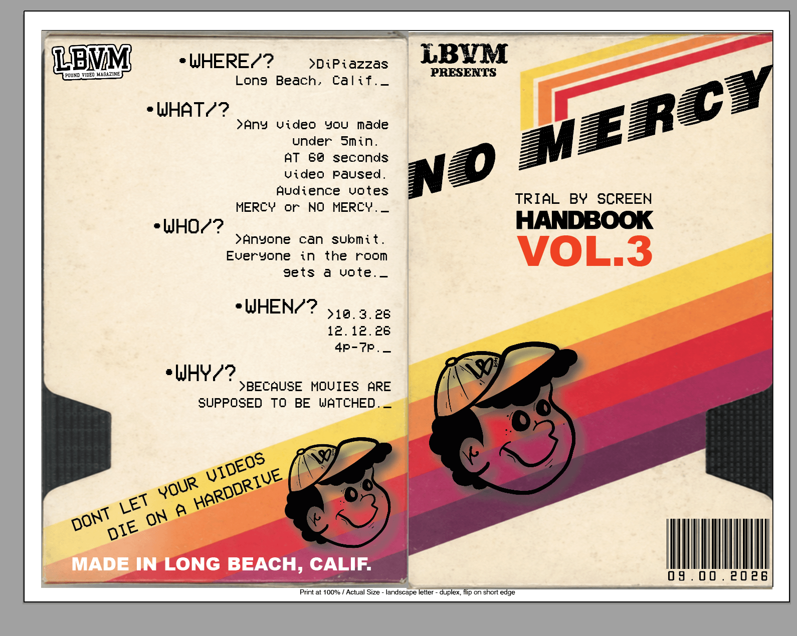 Cover of a handbook titled 'No Mercy' with cartoon faces, colorful stripes, and text about a video project, dated 2006.
