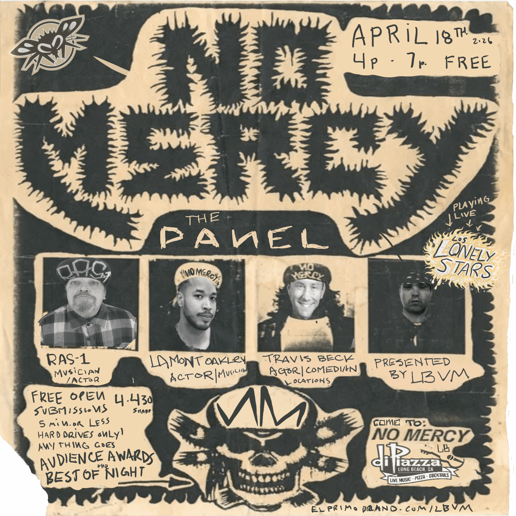 Poster for a music event featuring a skull illustration, band photos, and event details in black and white.