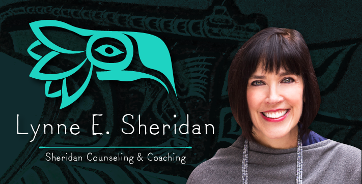 Business card with a teal bird logo, name Lynne E. Sheridan, and text Sheridan Counseling & Coaching, with a smiling woman.