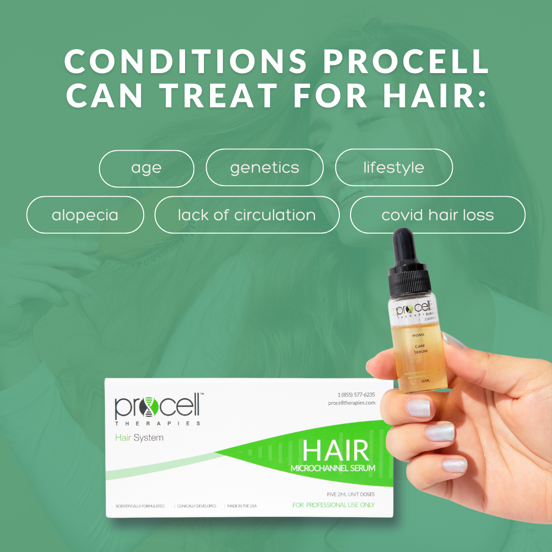 Hand holding a dropper bottle of hair serum in front of a green background with text about hair treatment conditions.