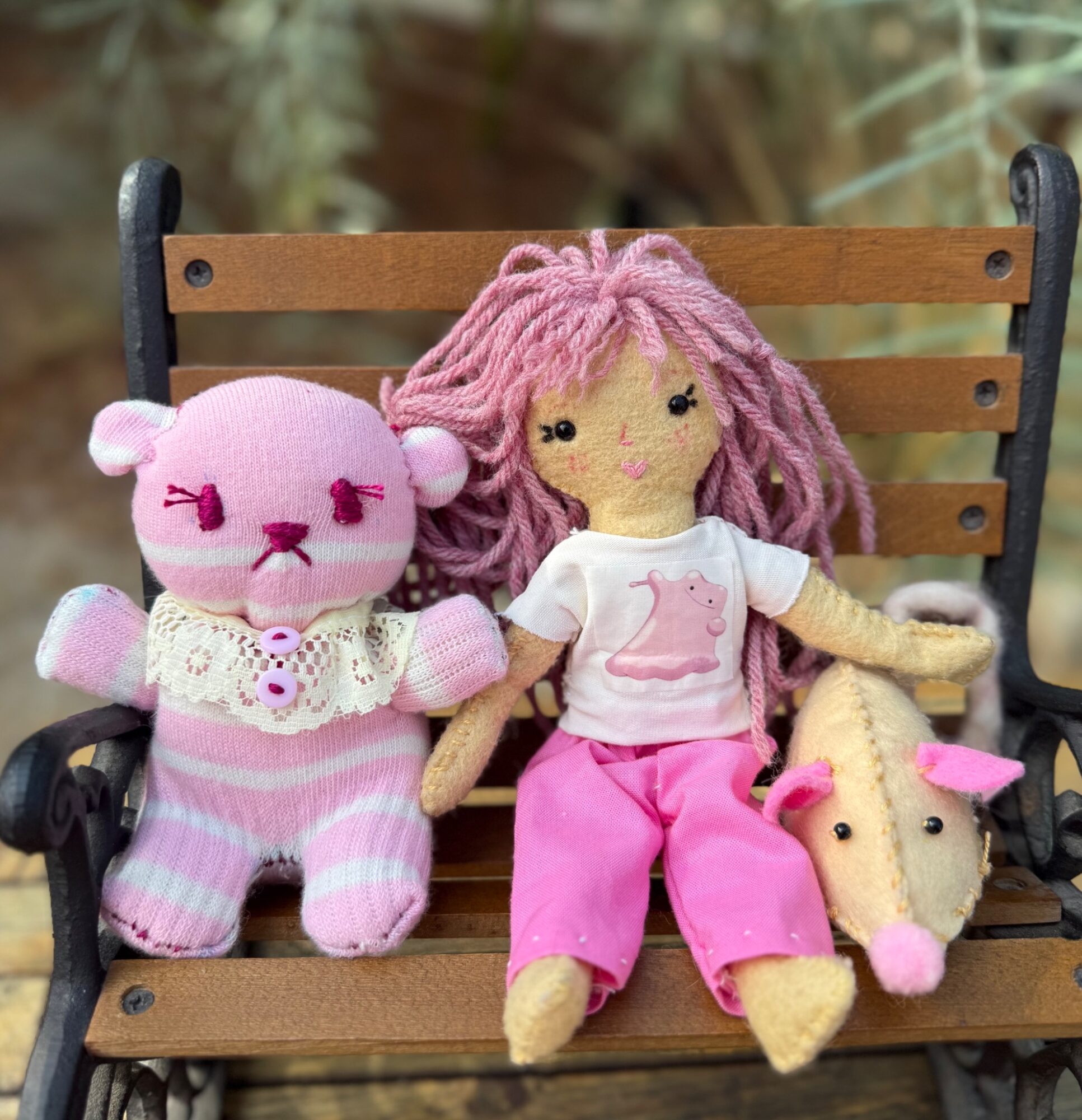 Two plush toys sit on a wooden bench; a pink bear with a lace collar and a doll with pink hair and a white shirt.
