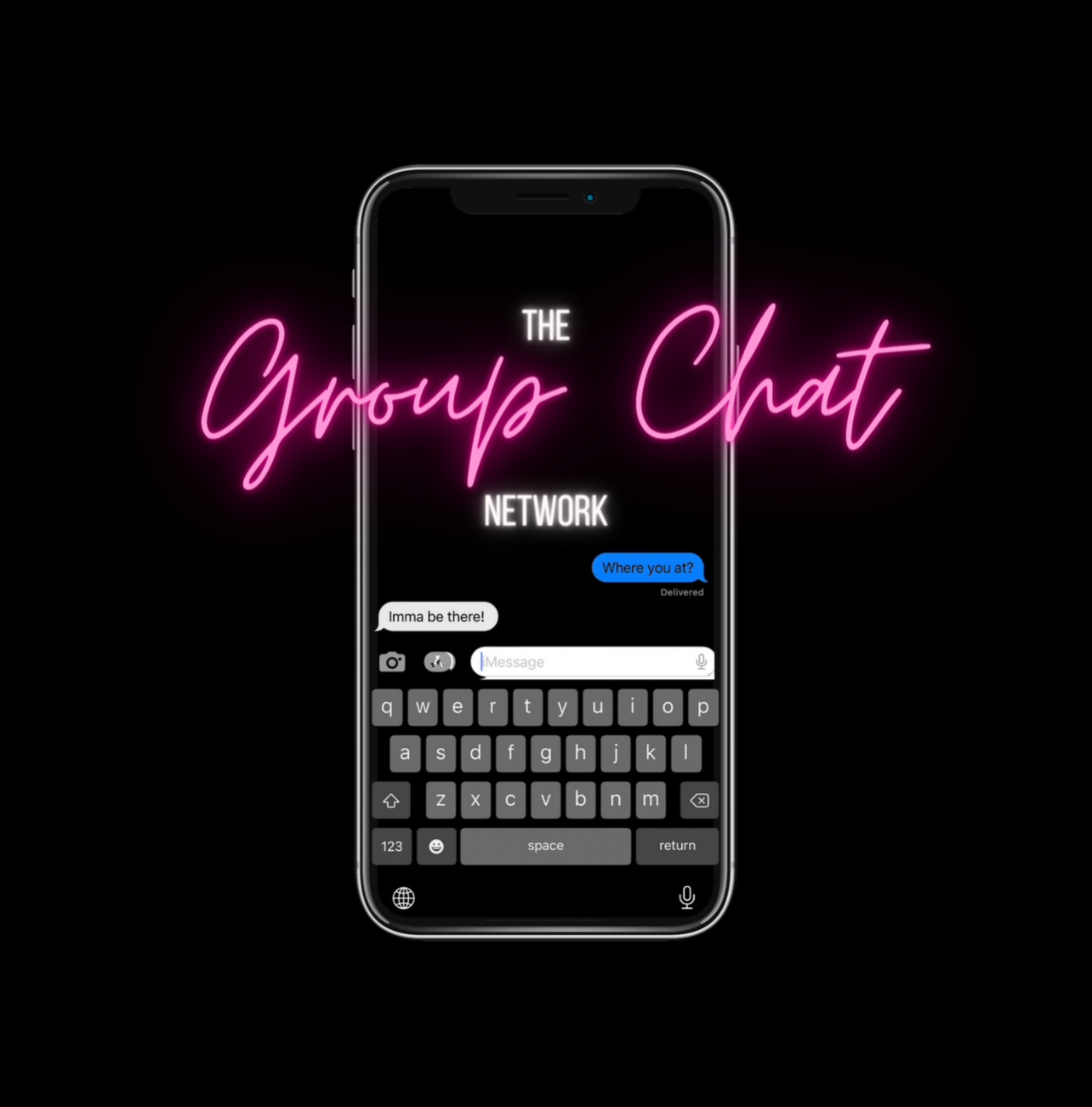 Smartphone displaying a group chat with neon pink text reading 'Group Chat' and a black background.