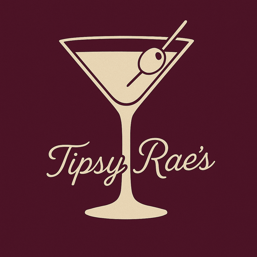 Logo of a cocktail glass with an olive and toothpick, with text 'Tipsy Rae's' below, on a dark background.