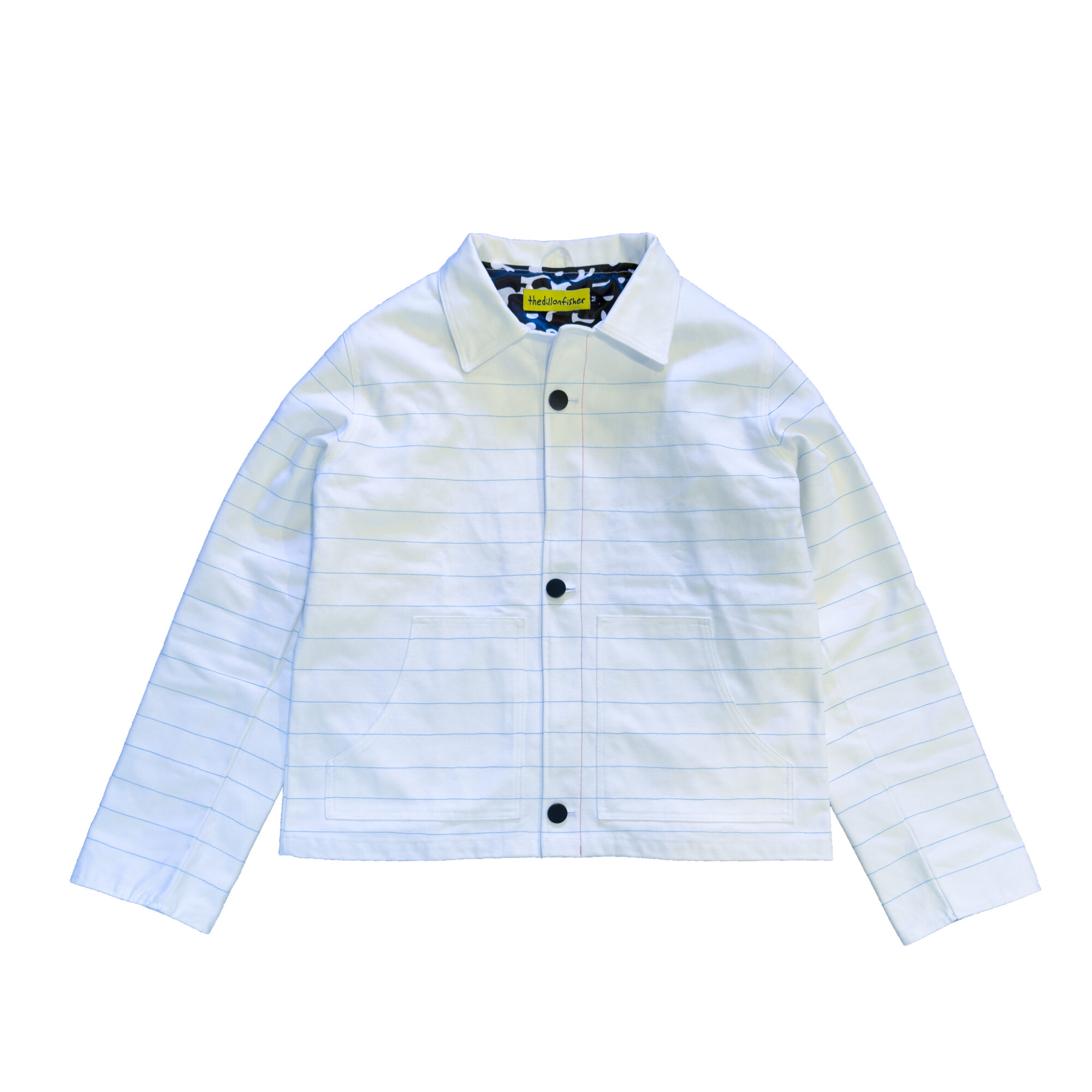 White jacket with black buttons and faint blue horizontal lines, collar, and long sleeves.