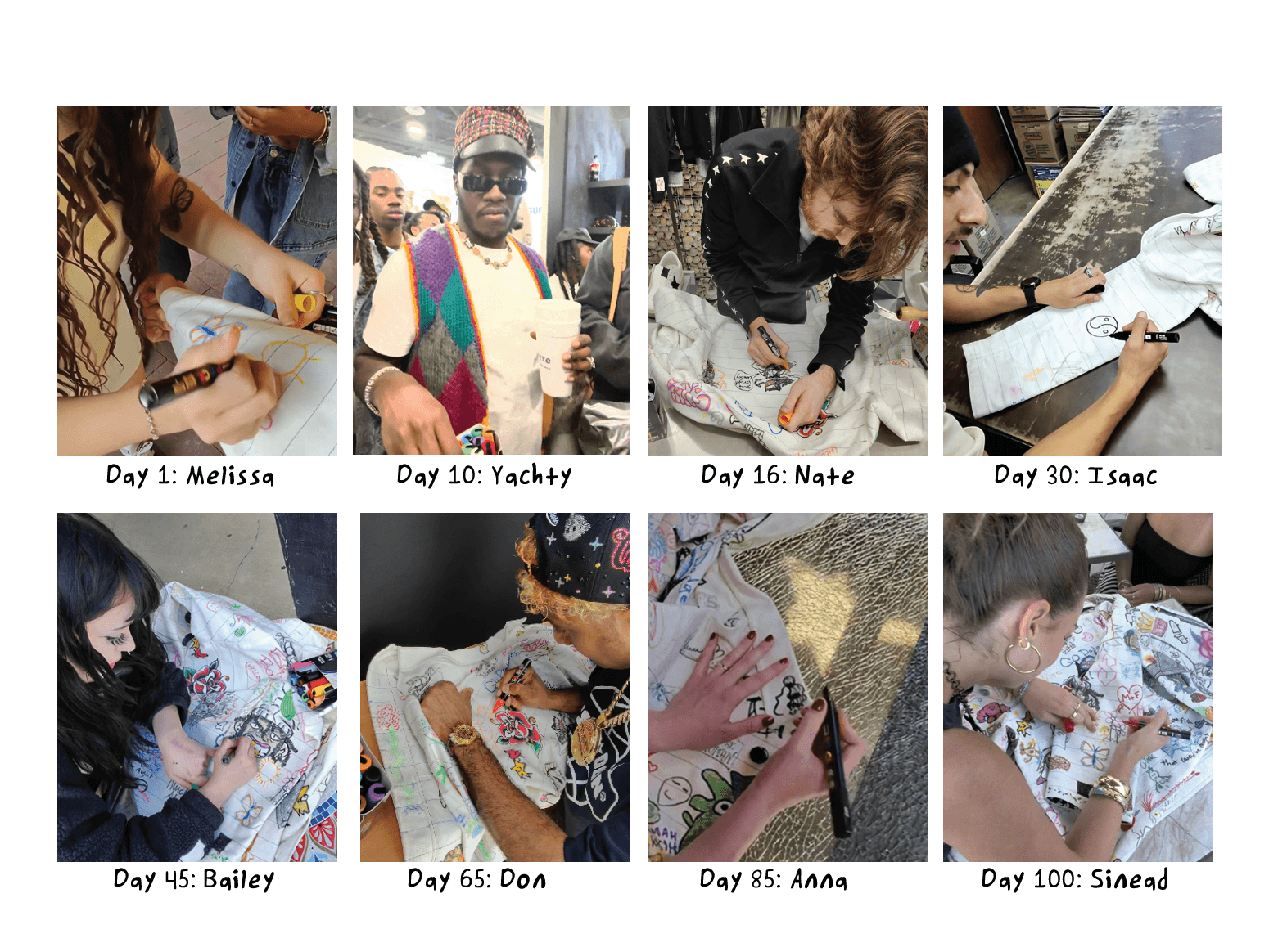 Collage of children and adults engaging in various activities, labeled with days and names, including Melissa, Yachty, Nate, Isaac, Bailey, Don, Anna, and Sinead.