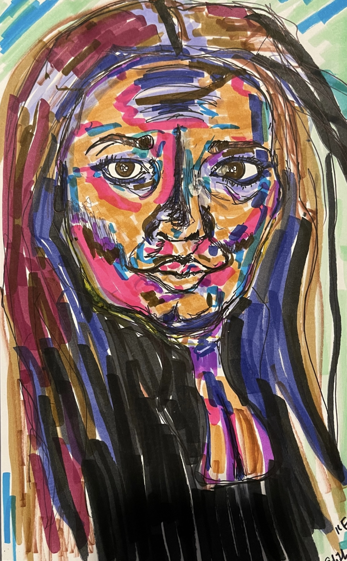 Colorful abstract portrait of a person with glasses, long hair, and a neutral expression.