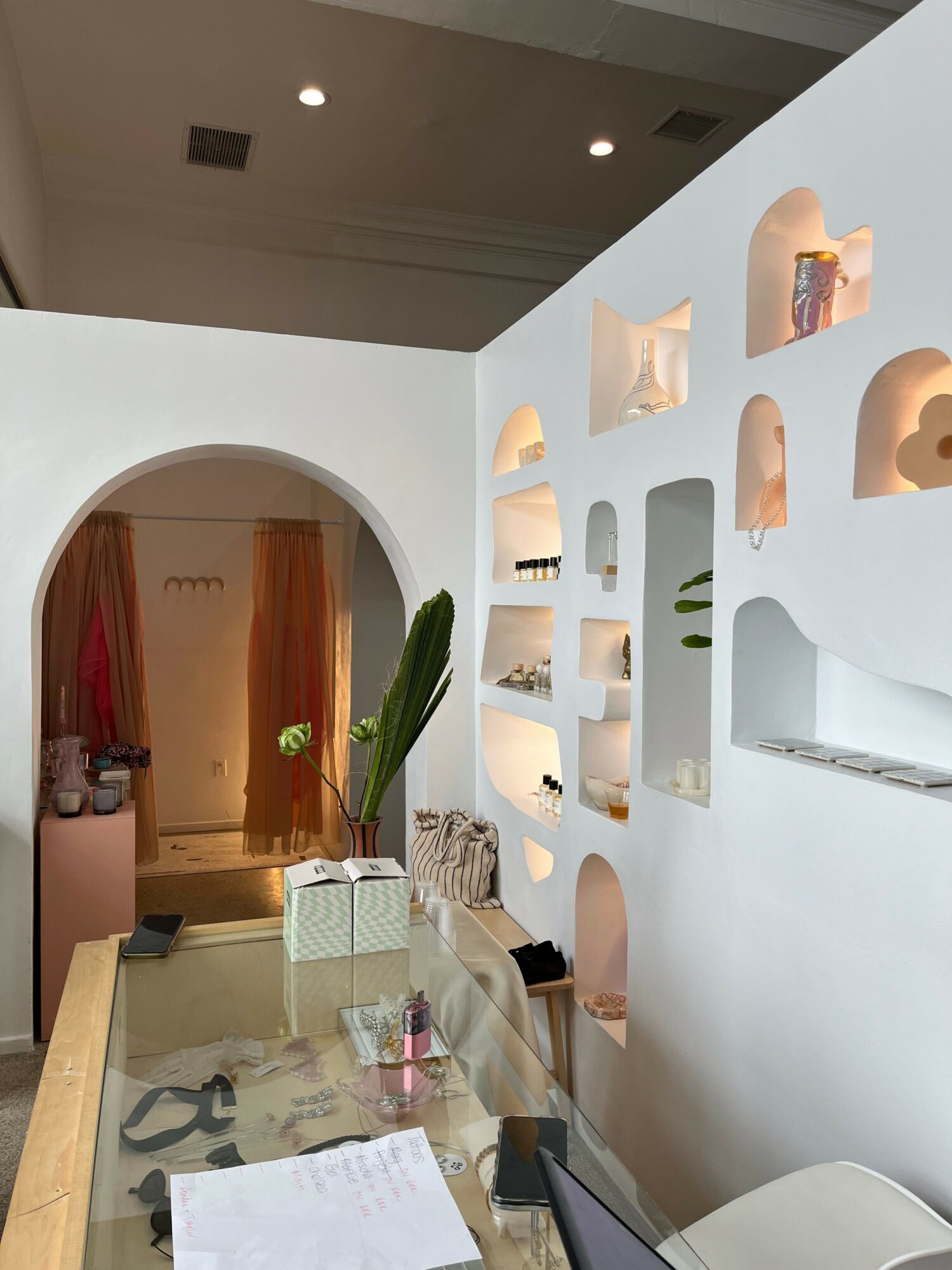 Interior view of a room with a white wall featuring cut-out shapes, a wooden door, and a glass table with papers and a plant.