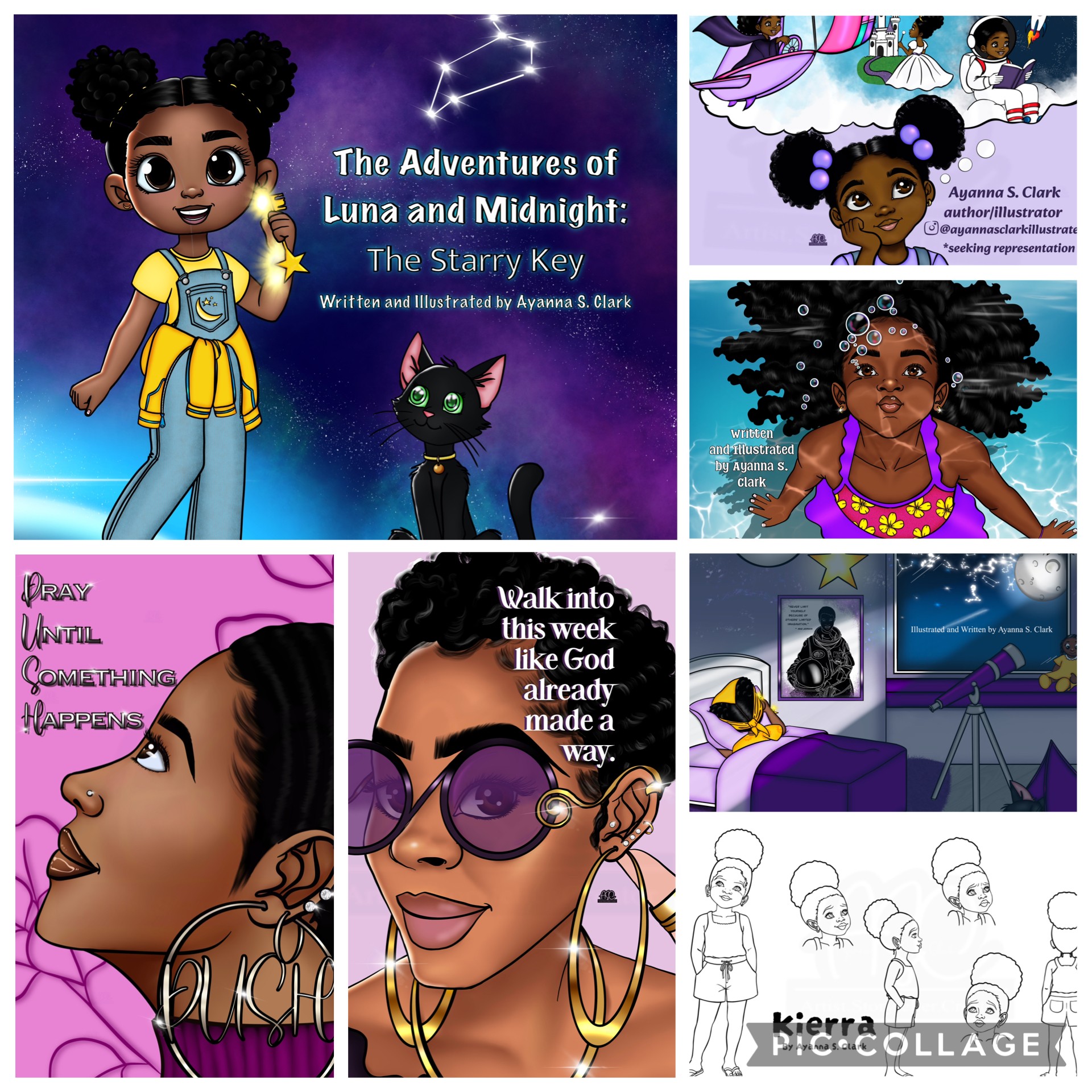 Book cover titled 'The Adventures of Luna and Midnight' featuring a girl with puffy hair and a black cat, colorful background.