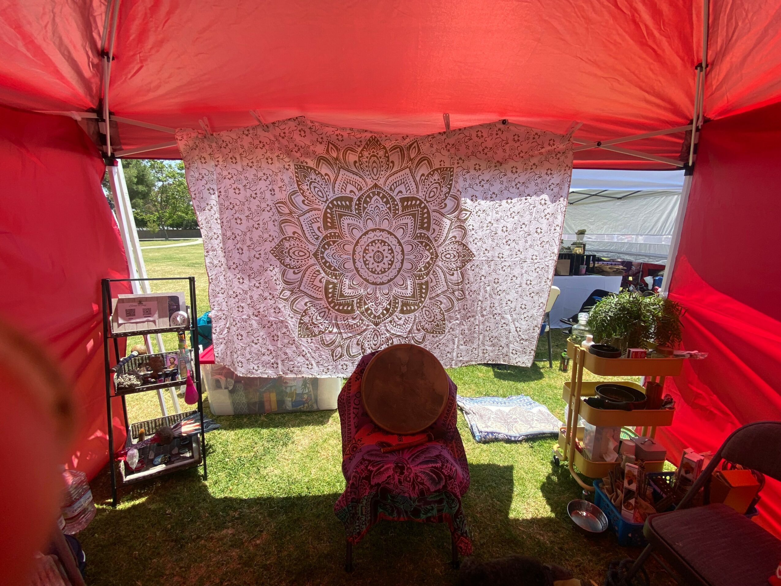 Person sitting on a chair facing a large, intricate mandala tapestry hanging inside a red tent, with shelves and plants nearby.